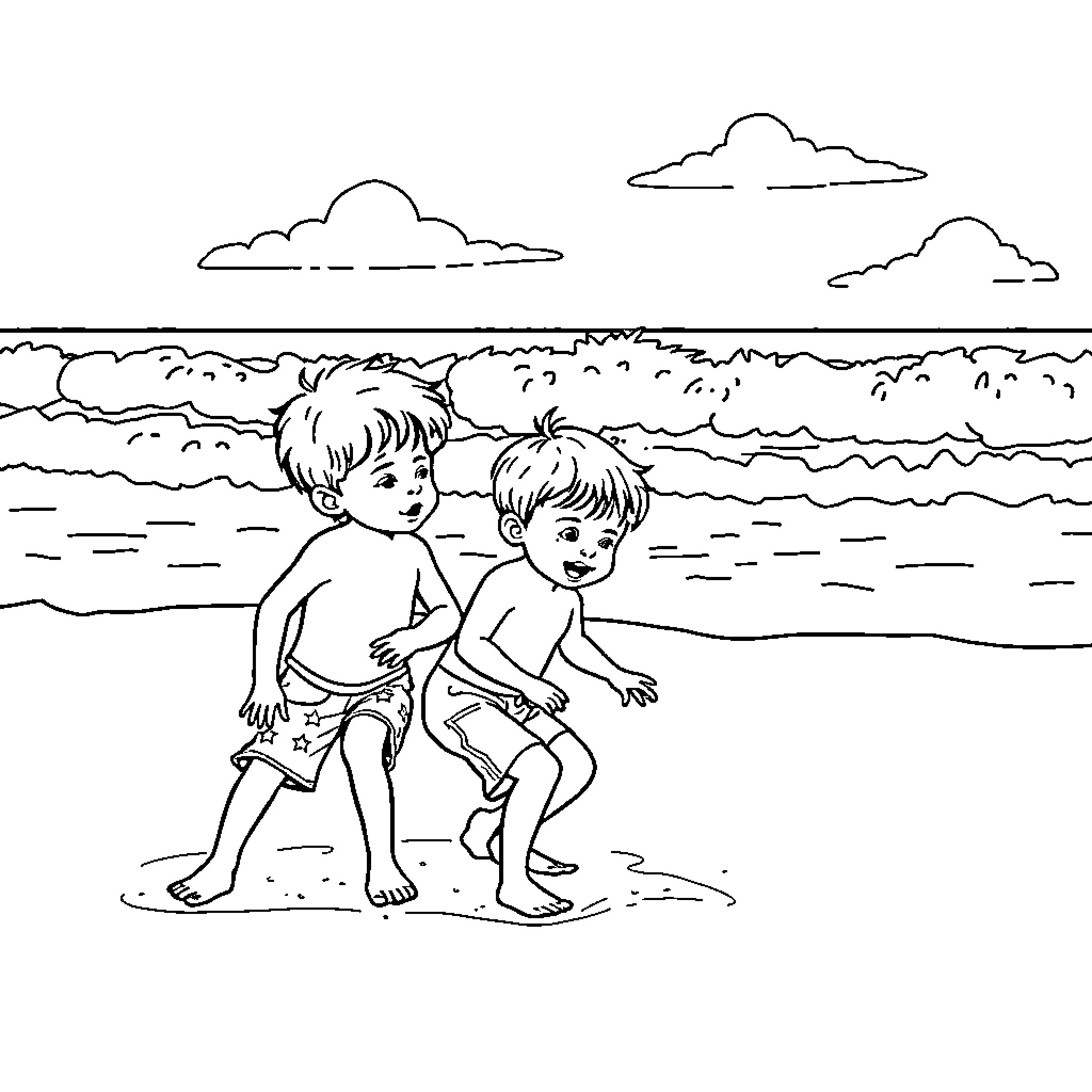 Niños playing joyfully on the beach Coloring Page (free black-and-white line drawing printable PDF for all, from beginners to advanced learners, including children, teens, adults, and seniors)