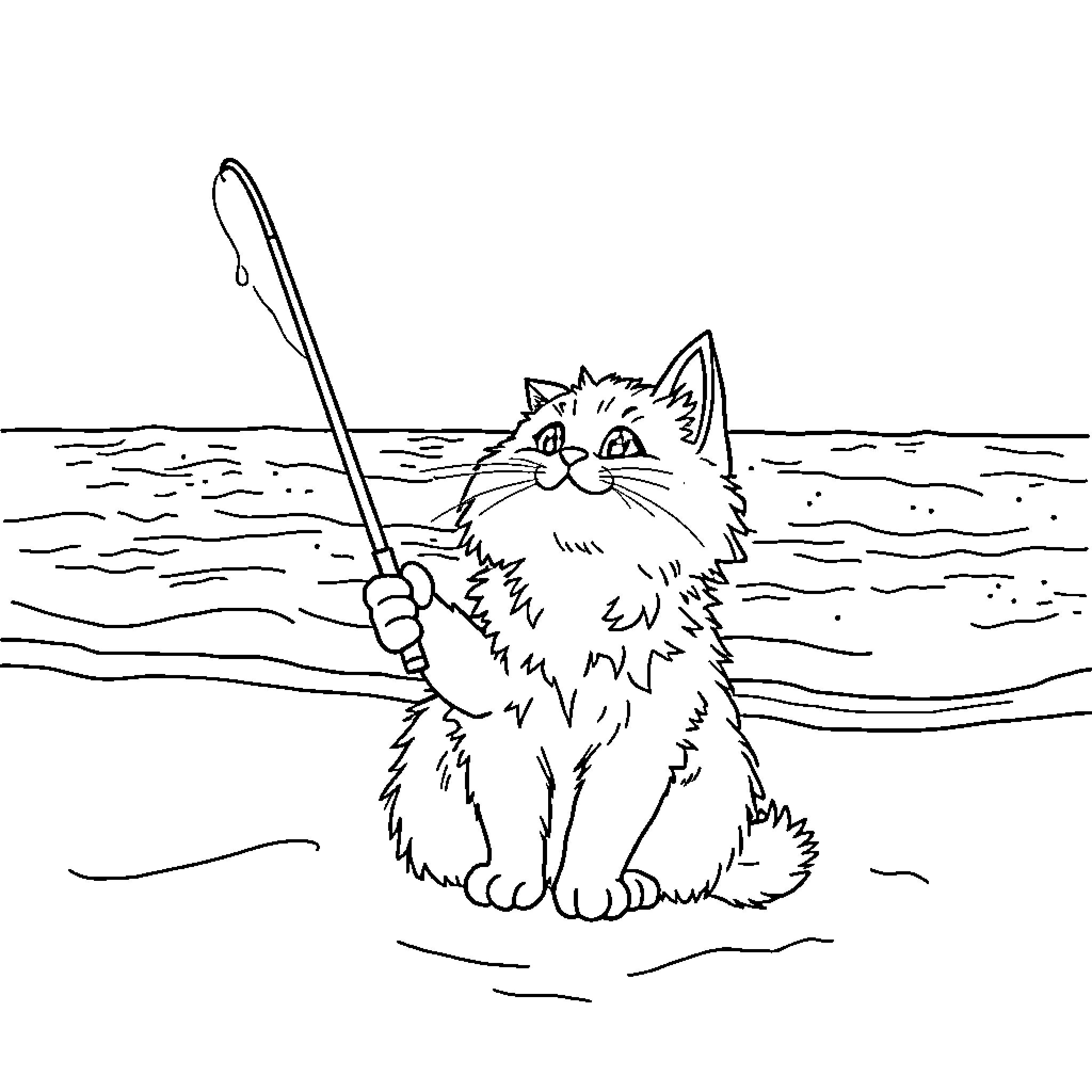 Cat fishing with a rod in the water Coloring Page (free black-and-white line drawing printable PDF for all, from beginners to advanced learners, including children, teens, adults, and seniors)