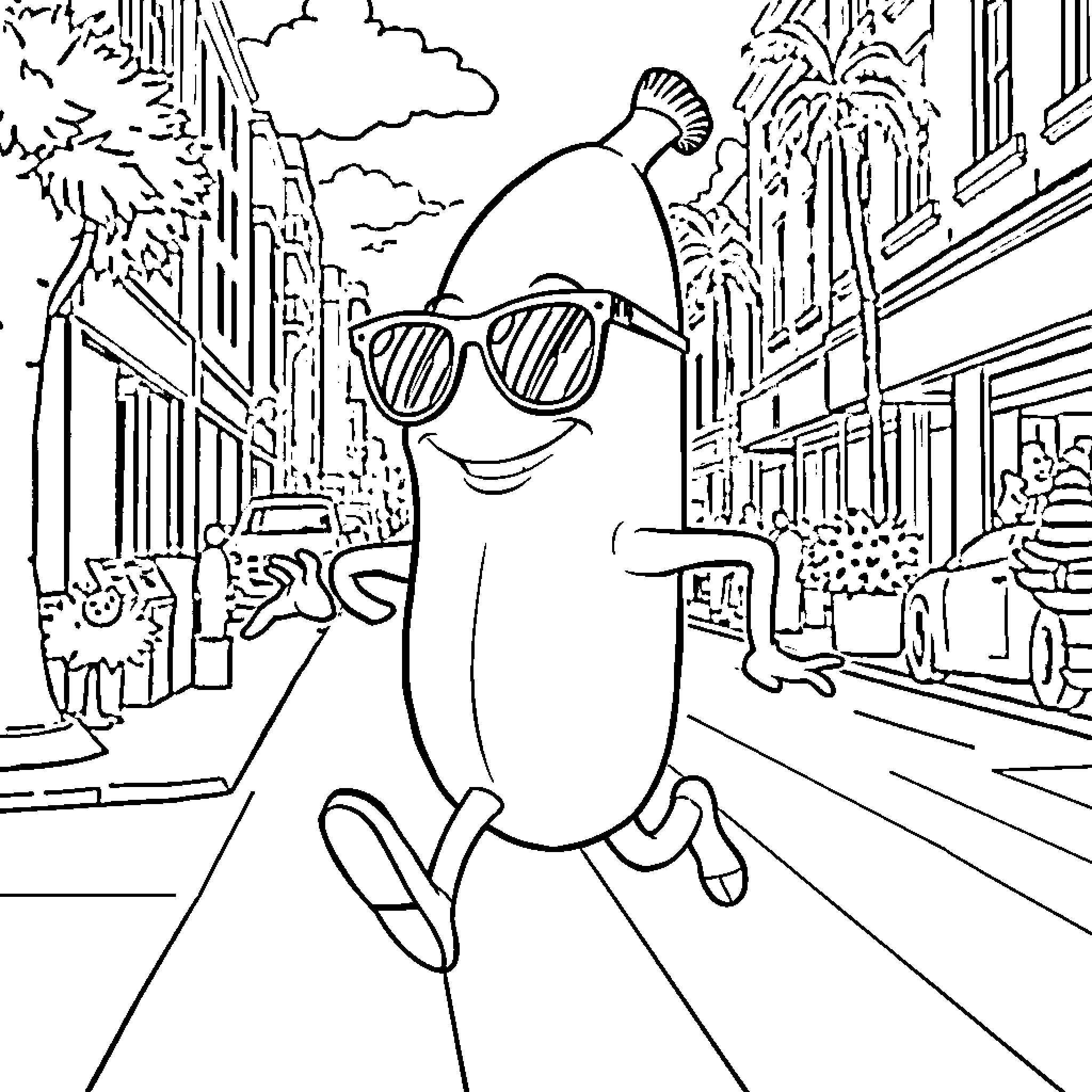 Banana character in cool sunglasses exploring urban city Coloring Page (free black-and-white line drawing printable PDF for all, from beginners to advanced learners, including children, teens, adults, and seniors)