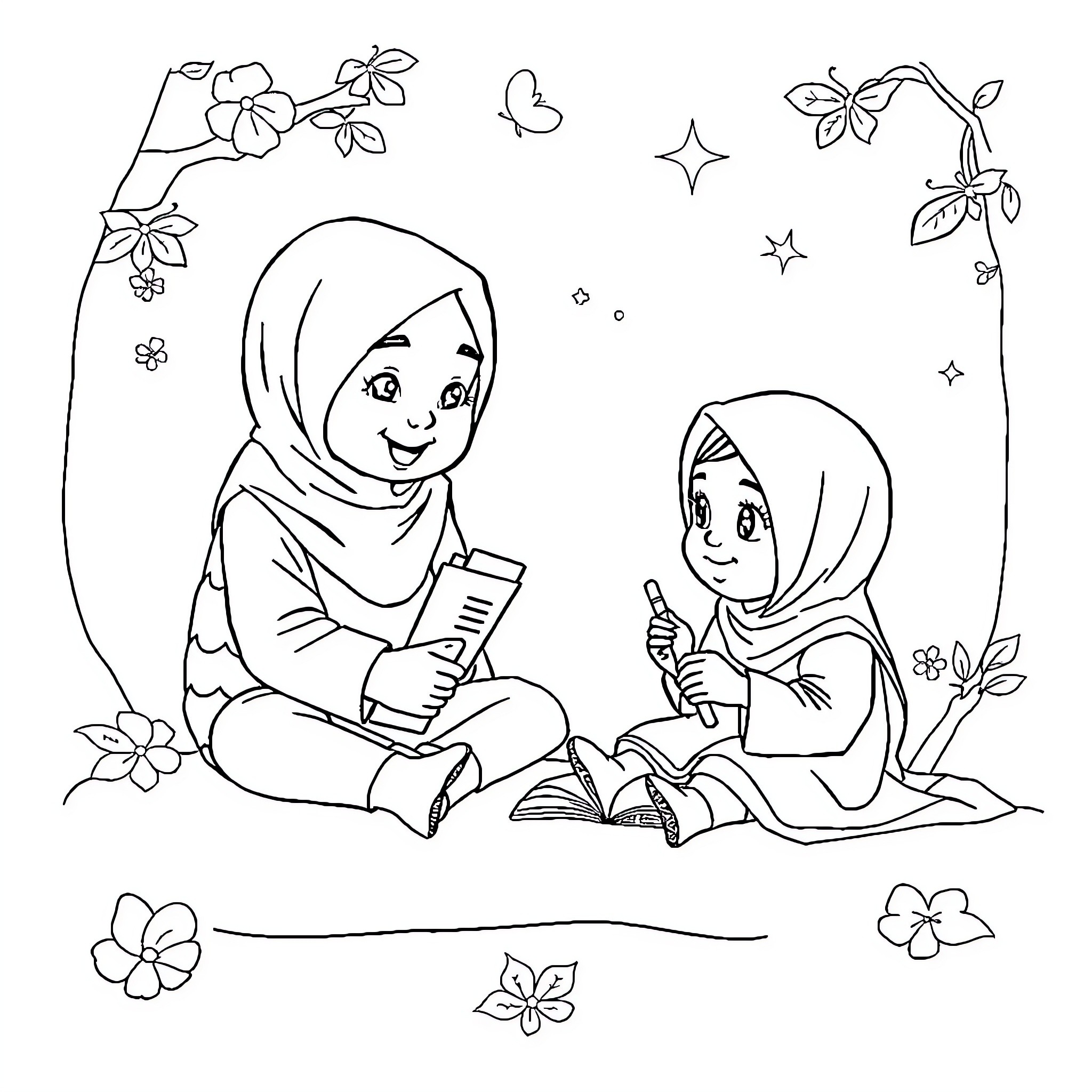 Alphabet Illustration of Young Girls Reading and Writing Coloring Page (free black-and-white line drawing printable PDF for all, from beginners to advanced learners, including children, teens, adults, and seniors)
