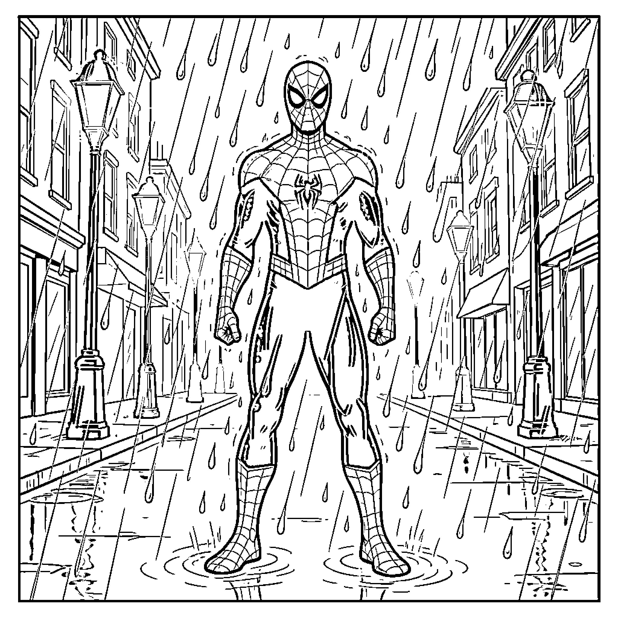 Spiderman in action during a rainstorm in the city Coloring Page (free black-and-white line drawing printable PDF for all, from beginners to advanced learners, including children, teens, adults, and seniors)