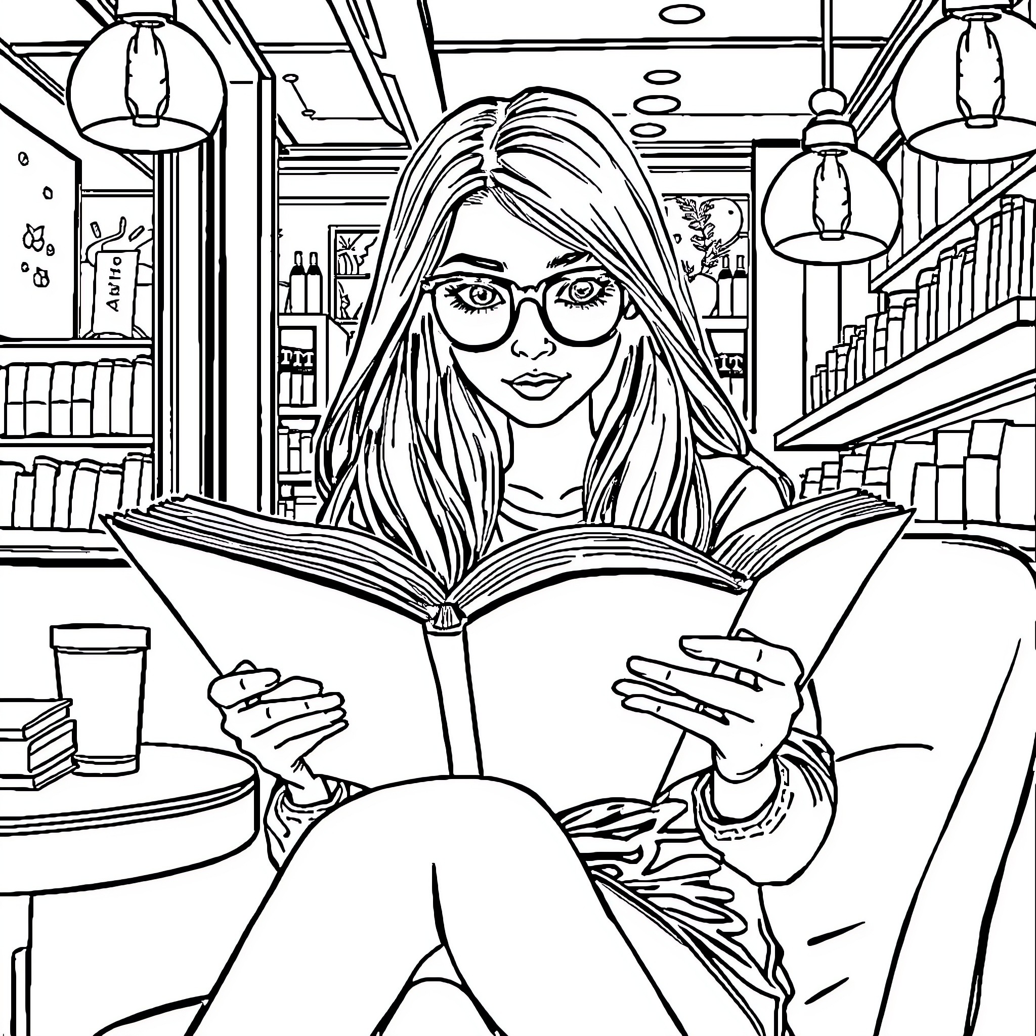 Girl Reading an Intriguing Book in the Library Coloring Page (free black-and-white line drawing printable PDF for all, from beginners to advanced learners, including children, teens, adults, and seniors)