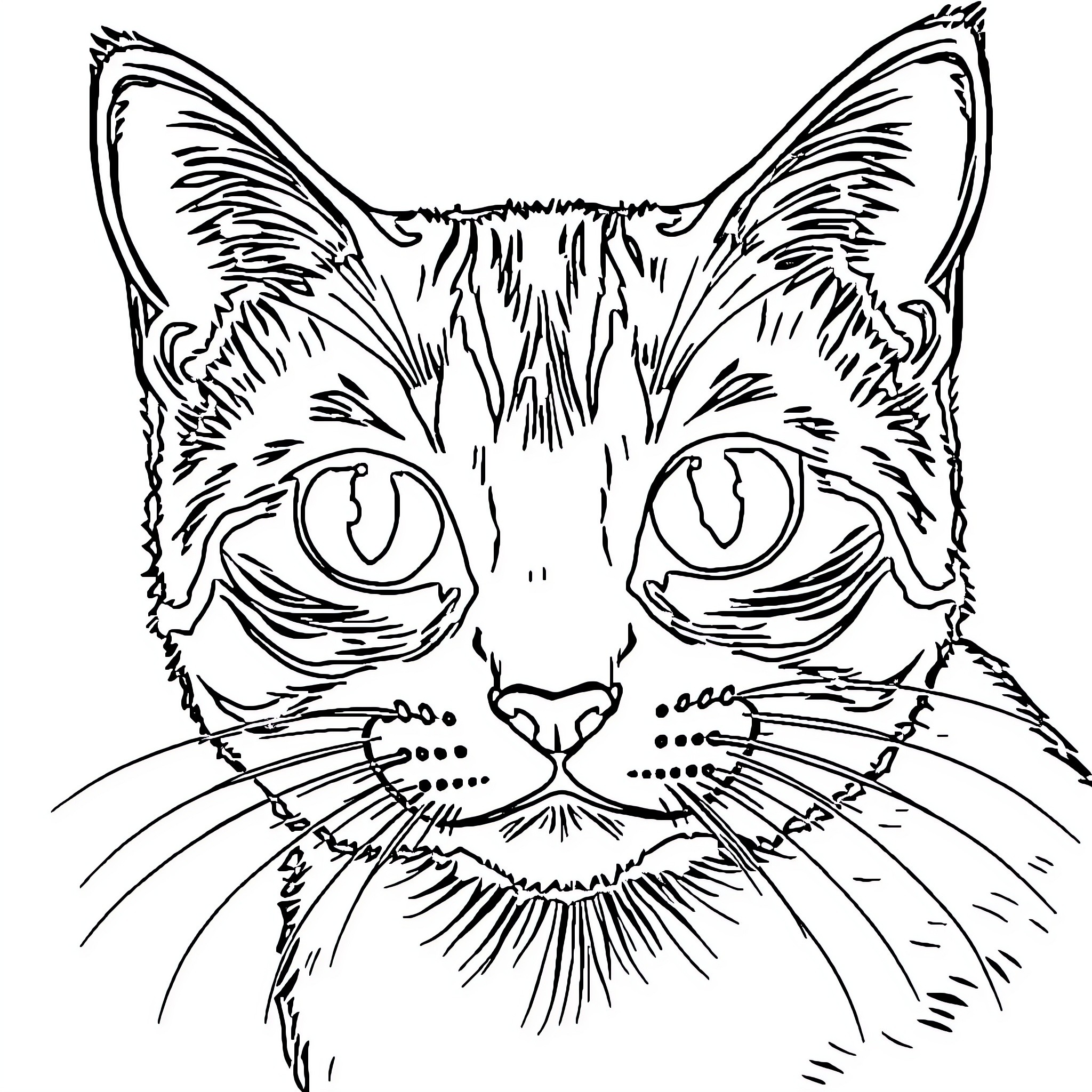 Cat with Intense Gaze Coloring Page (free black-and-white line drawing printable PDF for all, from beginners to advanced learners, including children, teens, adults, and seniors)