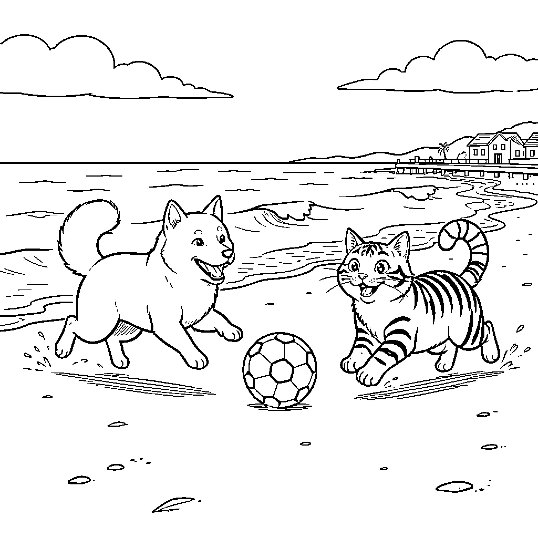 Chiba Inu and cat playing with a ball on beach Coloring Page (free black-and-white line drawing printable PDF for all, from beginners to advanced learners, including children, teens, adults, and seniors)