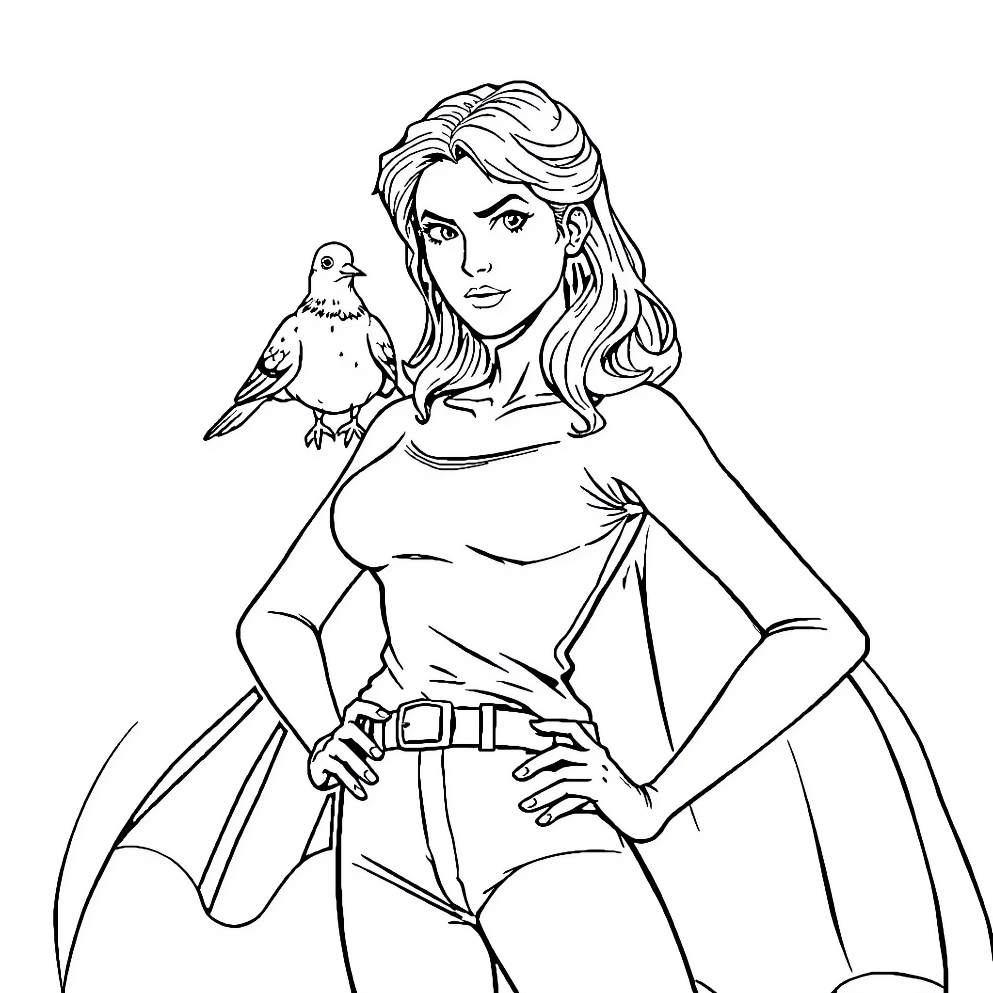 Buffy, the Vampire Slayer, with her Trusted Companion Coloring Page (free black-and-white line drawing printable PDF for all, from beginners to advanced learners, including children, teens, adults, and seniors)