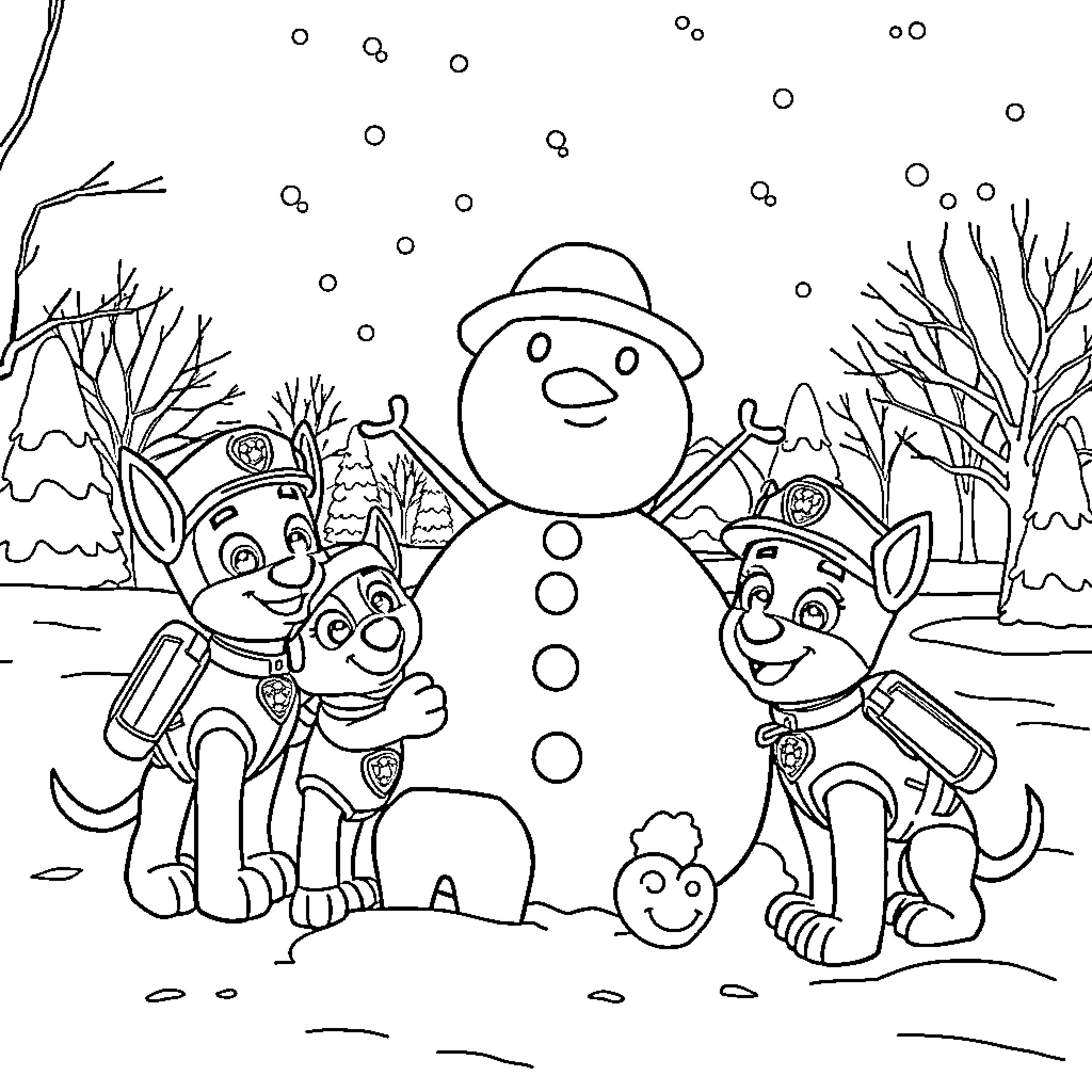 Hero Pups Building a Friendly Snowman Coloring Page (free black-and-white line drawing printable PDF for all, from beginners to advanced learners, including children, teens, adults, and seniors)