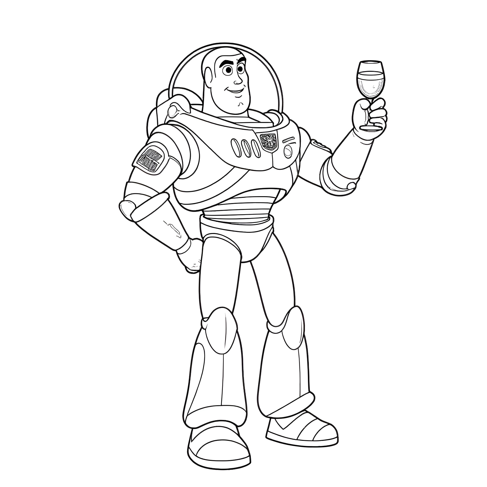 Buzz Lightyear Toasting with Wine Glass Coloring Page (free black-and-white line drawing printable PDF for all, from beginners to advanced learners, including children, teens, adults, and seniors)
