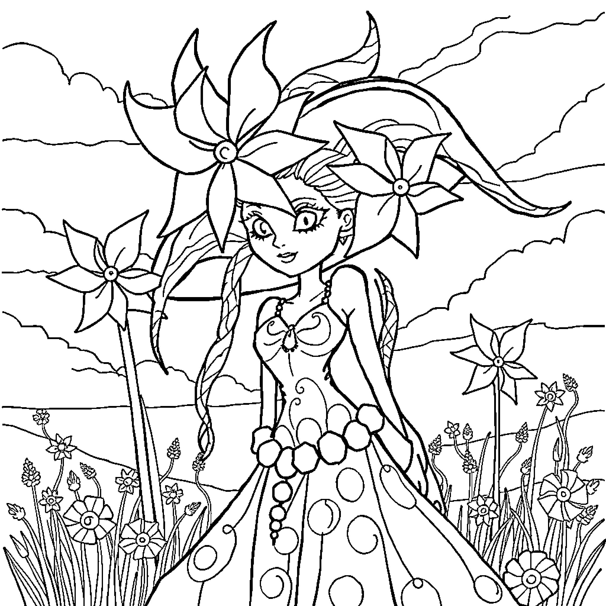 Jinx's Floral Wonderland Coloring Page (free black-and-white line drawing printable PDF for all, from beginners to advanced learners, including children, teens, adults, and seniors)