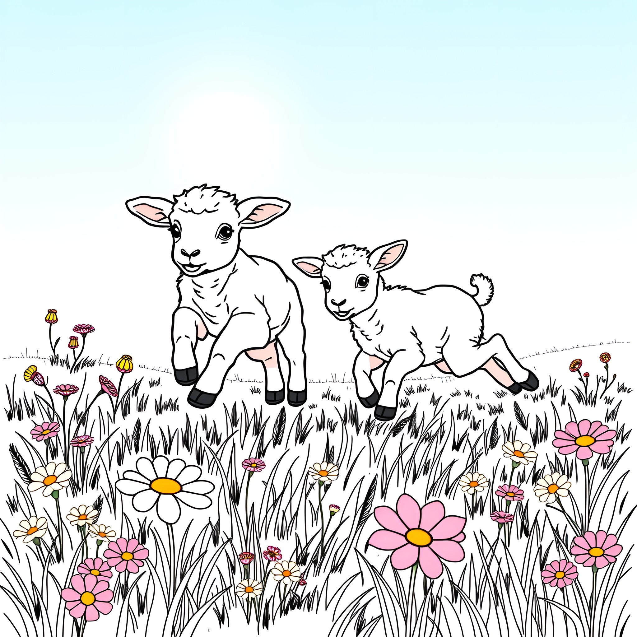 Lamb Siblings Playing in Flower-Filled Meadow Coloring Page (free black-and-white line drawing printable PDF for all, from beginners to advanced learners, including children, teens, adults, and seniors)