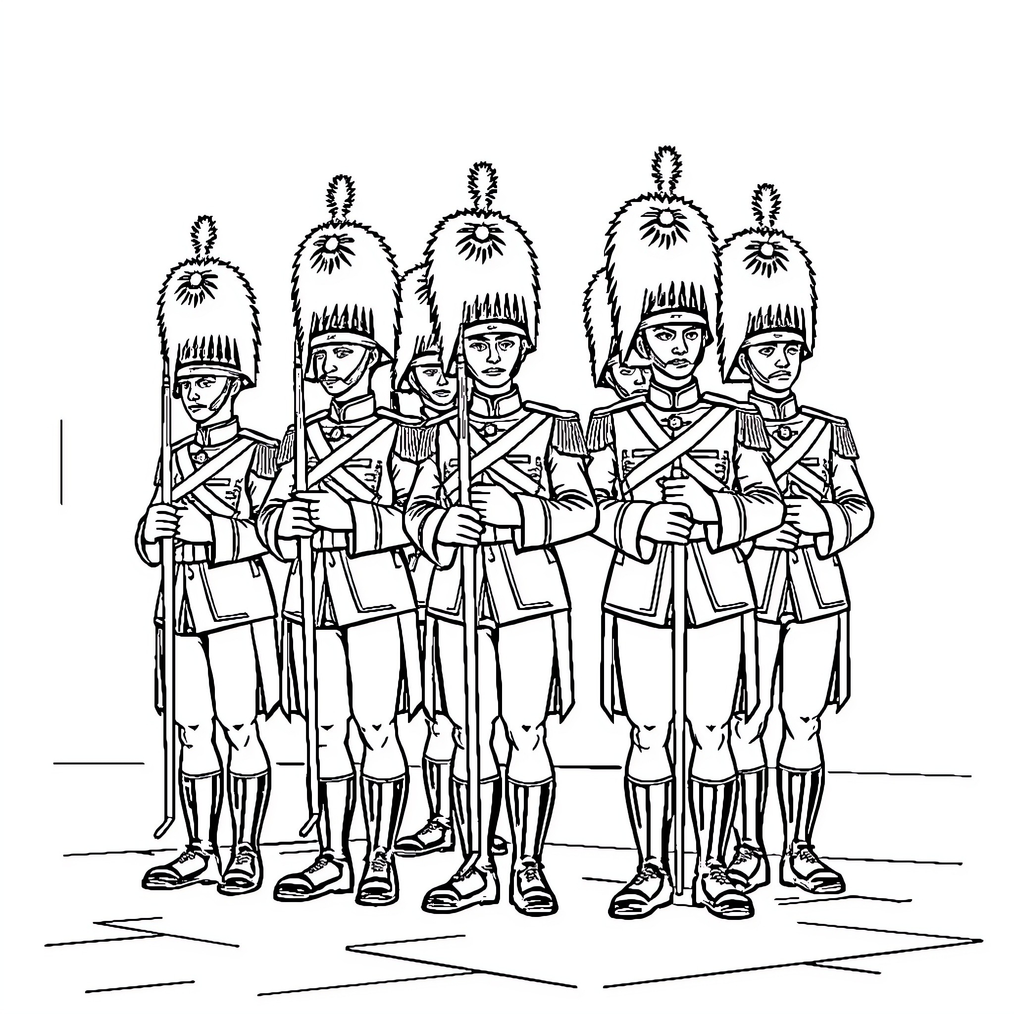French Guard: Disciplined soldiers in ceremonial uniforms Coloring Page (free black-and-white line drawing printable PDF for all, from beginners to advanced learners, including children, teens, adults, and seniors)