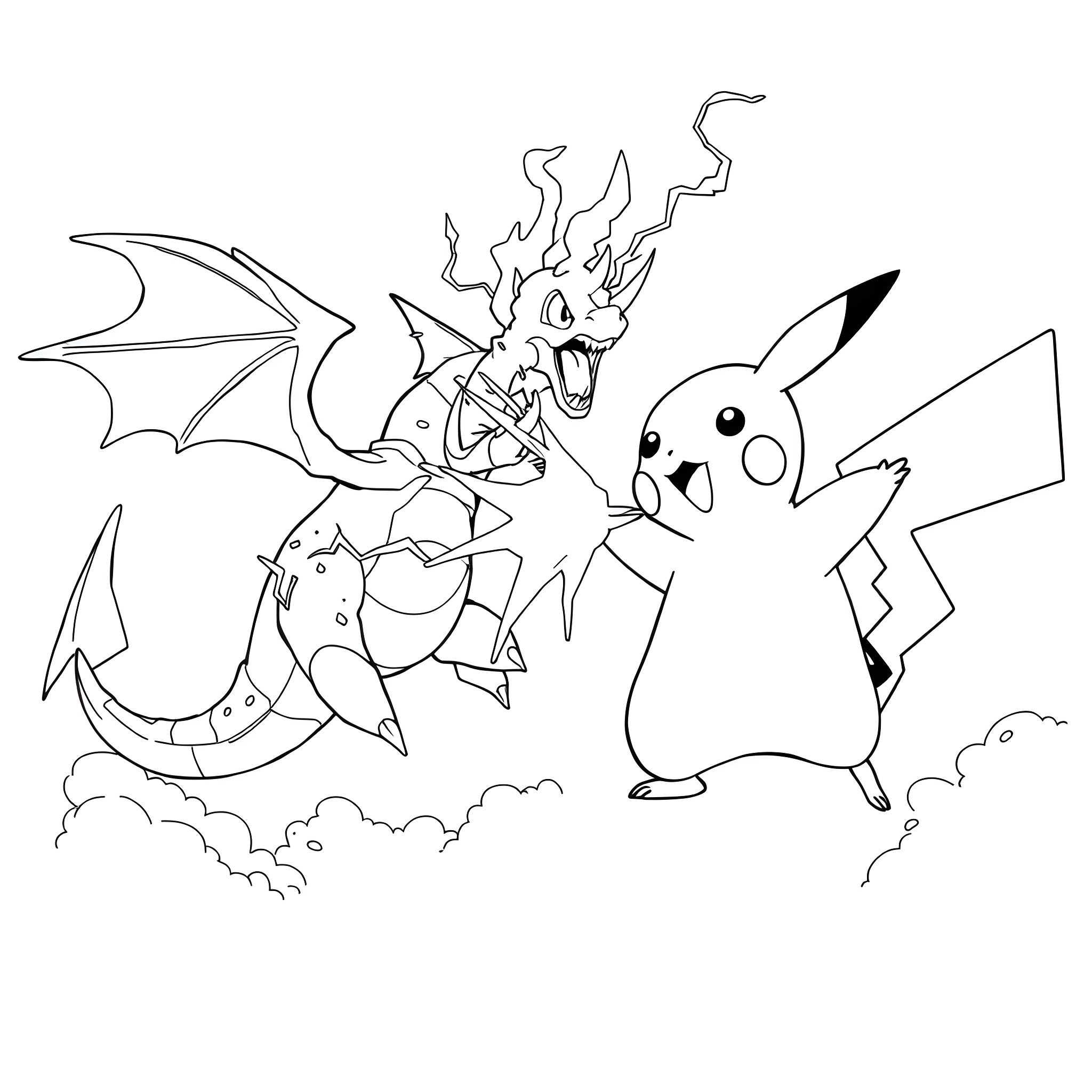 Pikachu facing off against a fierce dragon Coloring Page (free black-and-white line drawing printable PDF for all, from beginners to advanced learners, including children, teens, adults, and seniors)