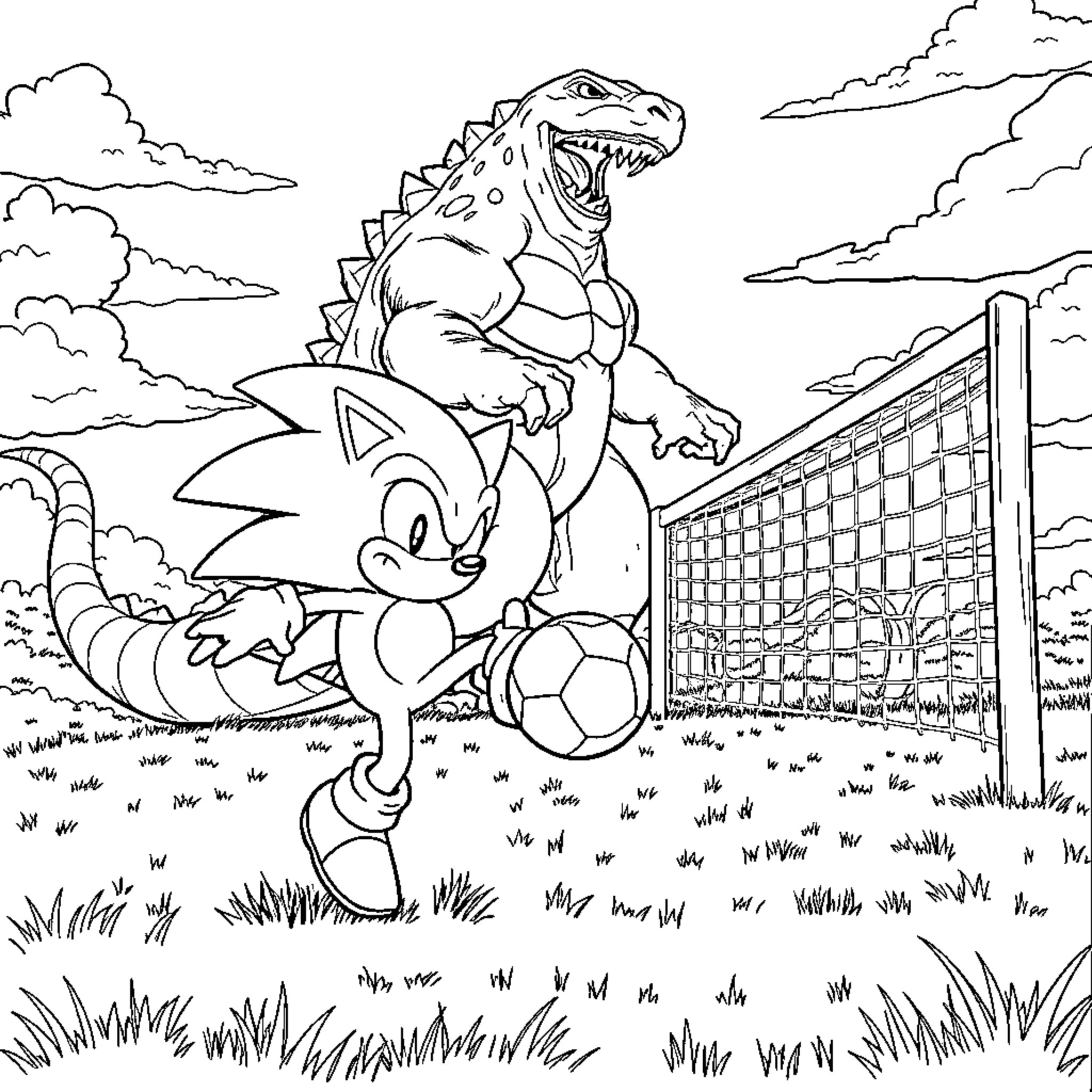Sonic and Godzilla face off on the field Coloring Page (free black-and-white line drawing printable PDF for all, from beginners to advanced learners, including children, teens, adults, and seniors)