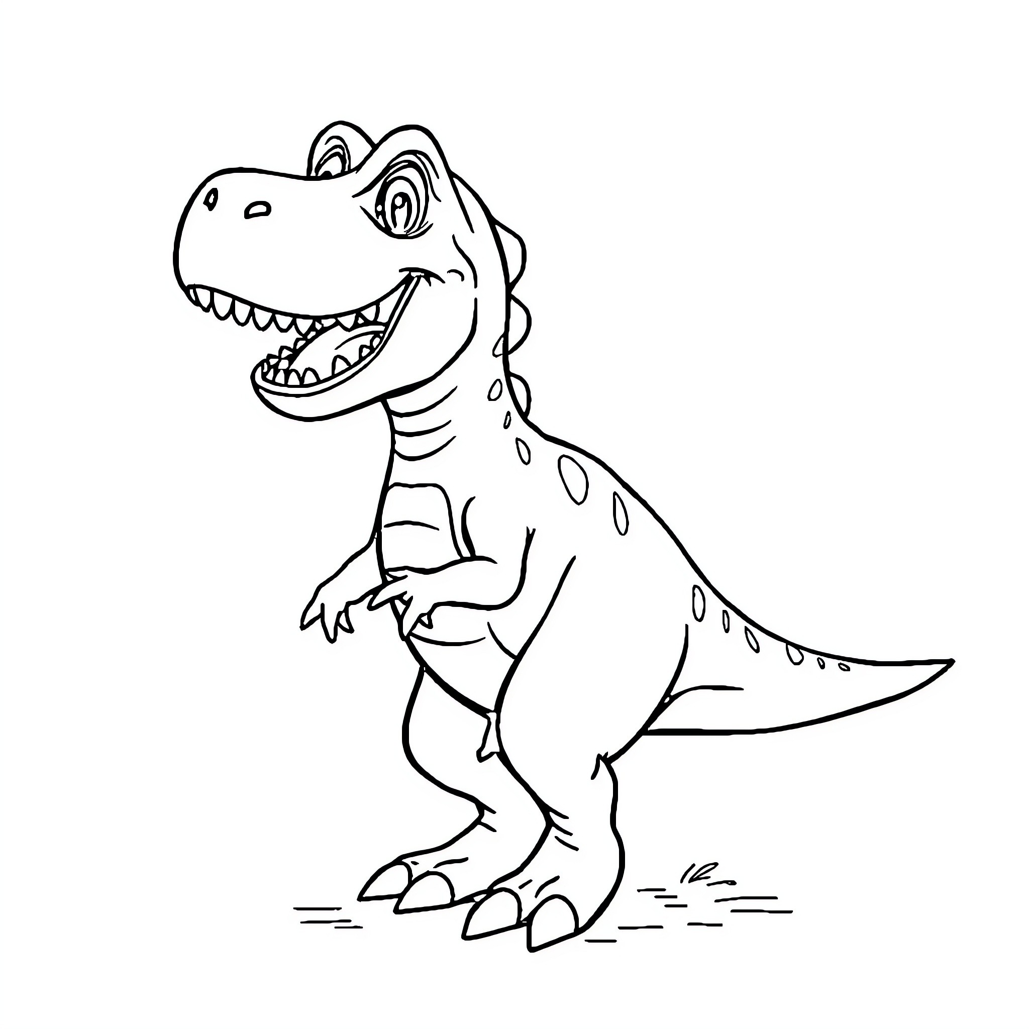 T-Rex Playfully Roaring and Stomping Coloring Page (free black-and-white line drawing printable PDF for all, from beginners to advanced learners, including children, teens, adults, and seniors)