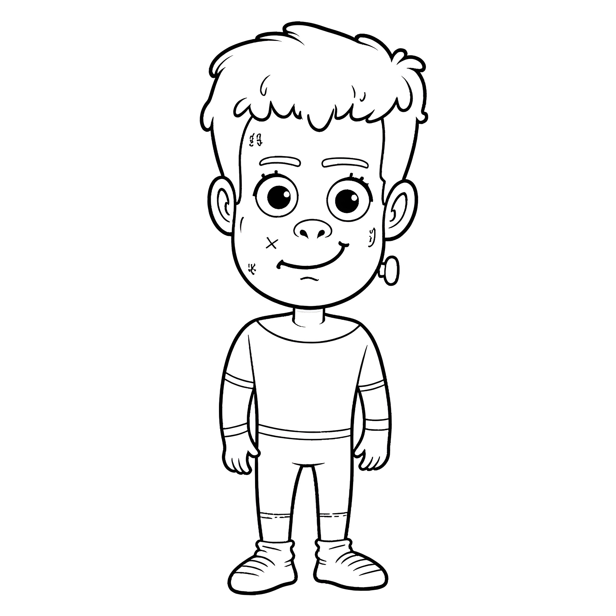 Frankenstein's Monster in a Simple Outfit Coloring Page (free black-and-white line drawing printable PDF for all, from beginners to advanced learners, including children, teens, adults, and seniors)