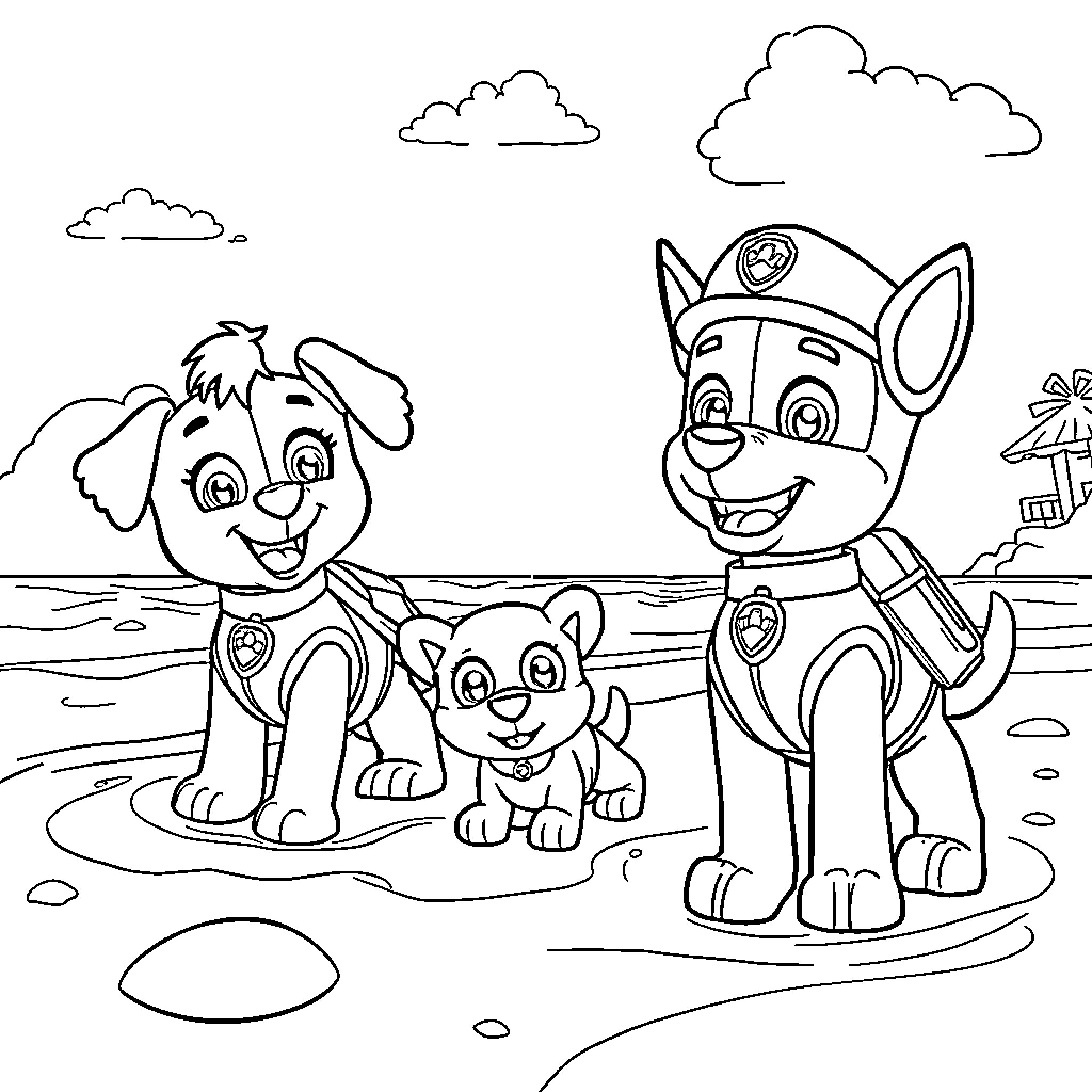 Paw Patrol Rescue Team at the Beach Coloring Page (free black-and-white line drawing printable PDF for all, from beginners to advanced learners, including children, teens, adults, and seniors)