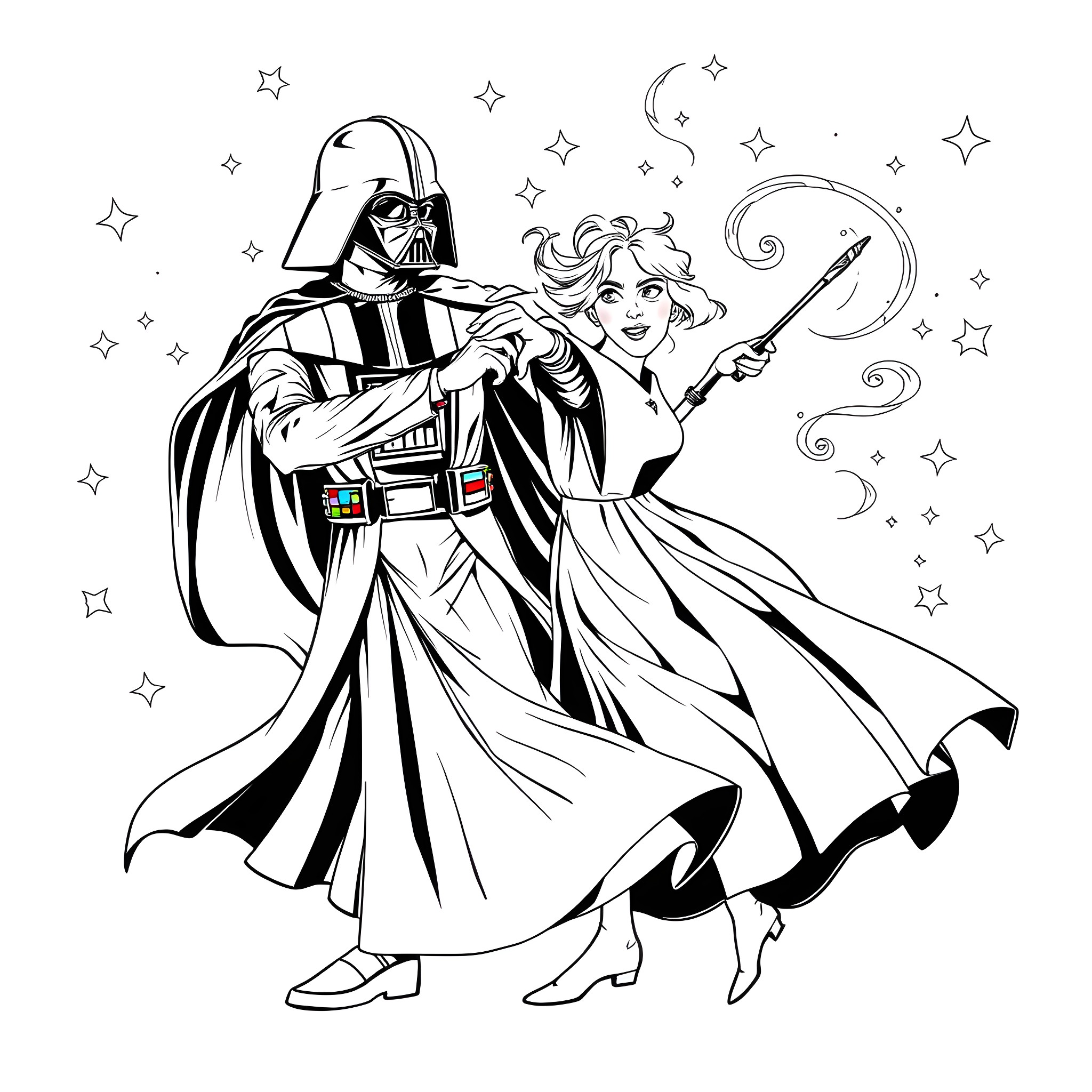 Darth Vader and the Galactic Princess Coloring Page (free black-and-white line drawing printable PDF for all, from beginners to advanced learners, including children, teens, adults, and seniors)