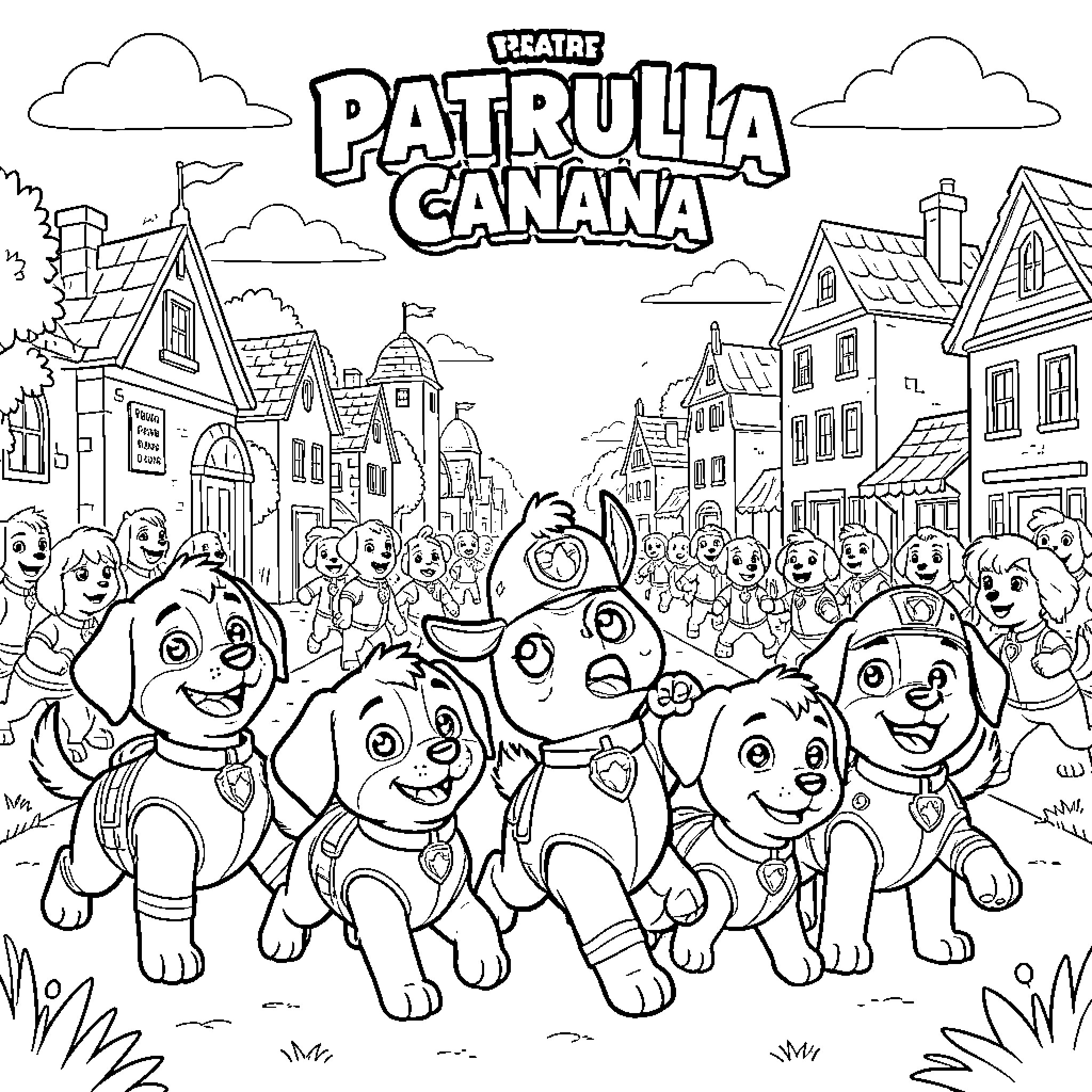 Paw Patrol characters running joyfully through a town Coloring Page (free black-and-white line drawing printable PDF for all, from beginners to advanced learners, including children, teens, adults, and seniors)