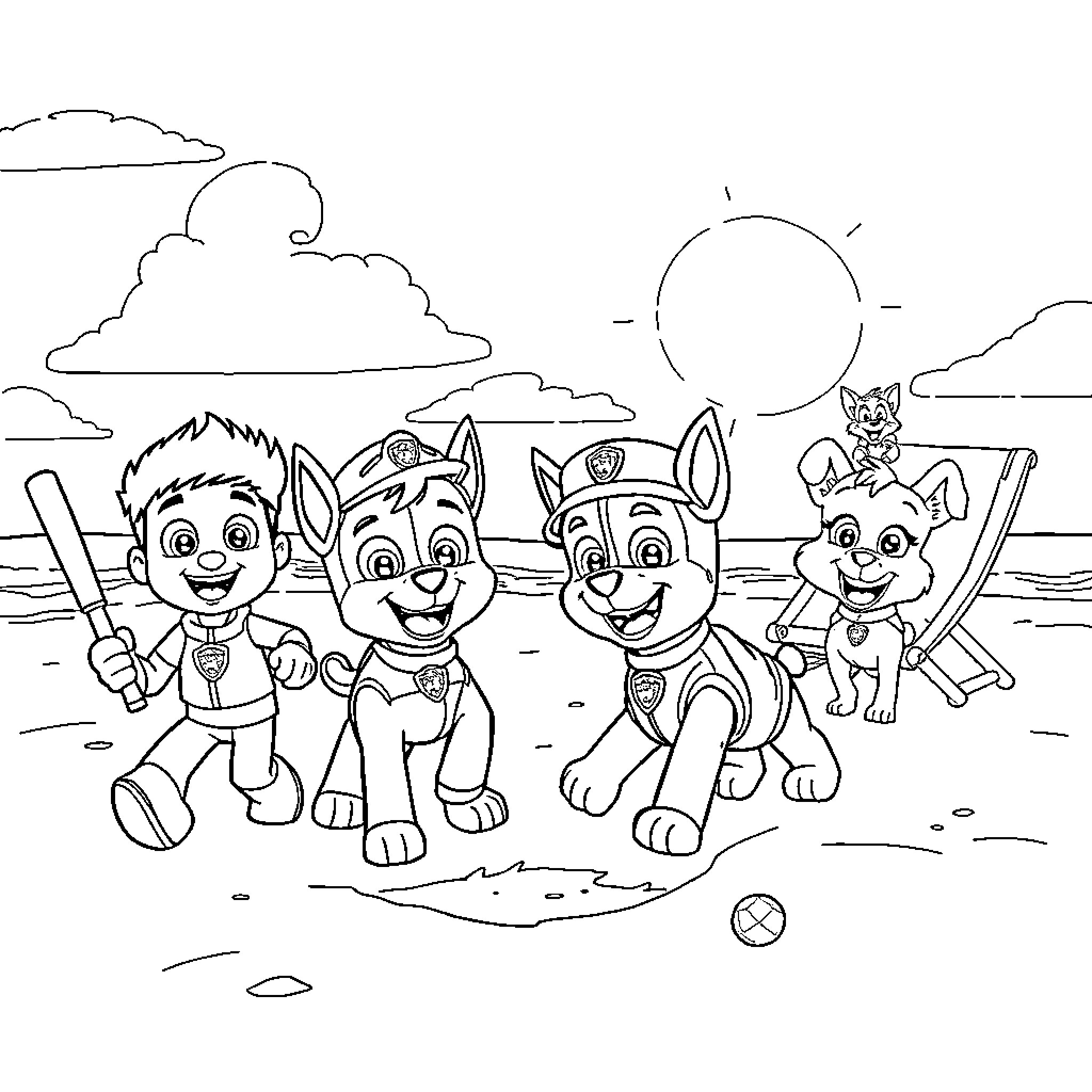 Paw Patrol pups playing at the beach Coloring Page (free black-and-white line drawing printable PDF for all, from beginners to advanced learners, including children, teens, adults, and seniors)