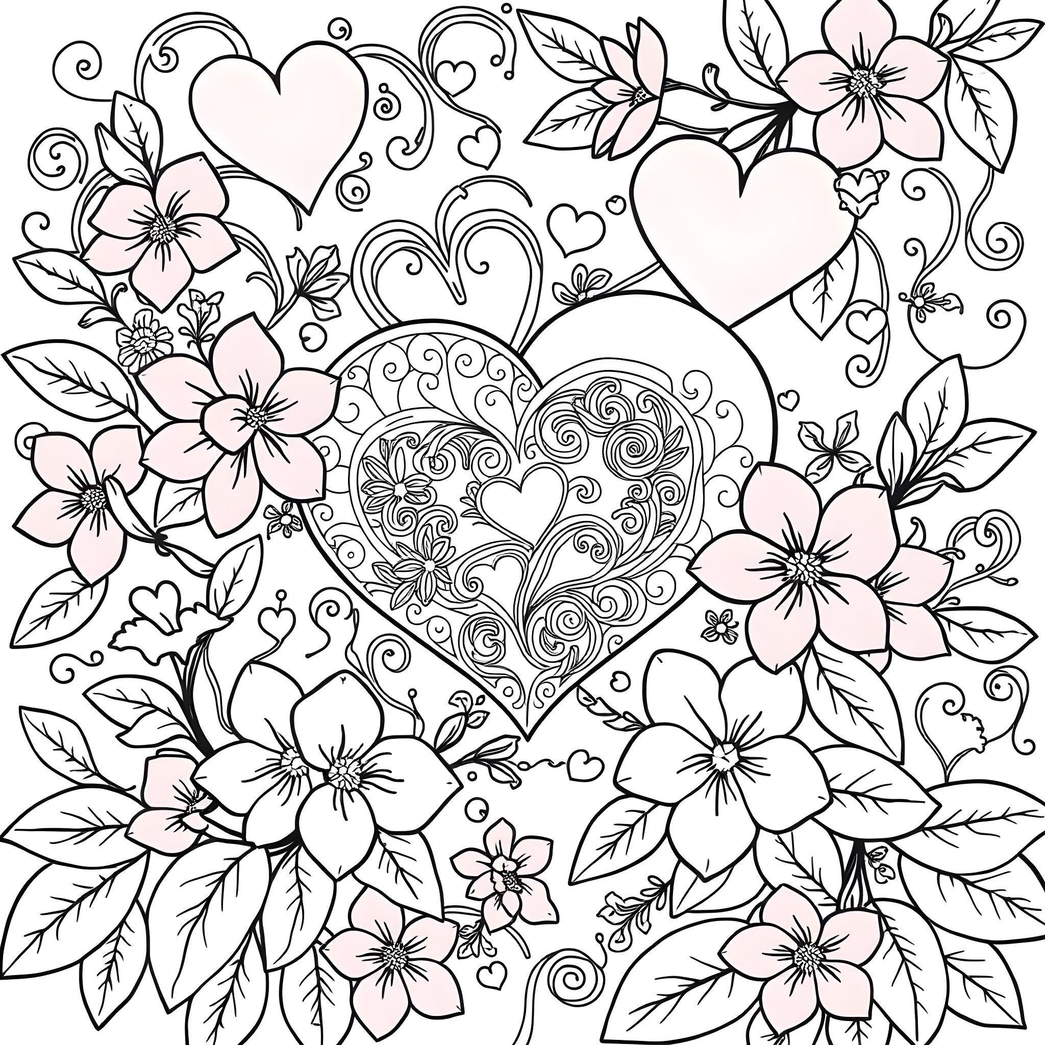 Heart Flourishing with Floral Patterns and Designs Coloring Page (free black-and-white line drawing printable PDF for all, from beginners to advanced learners, including children, teens, adults, and seniors)