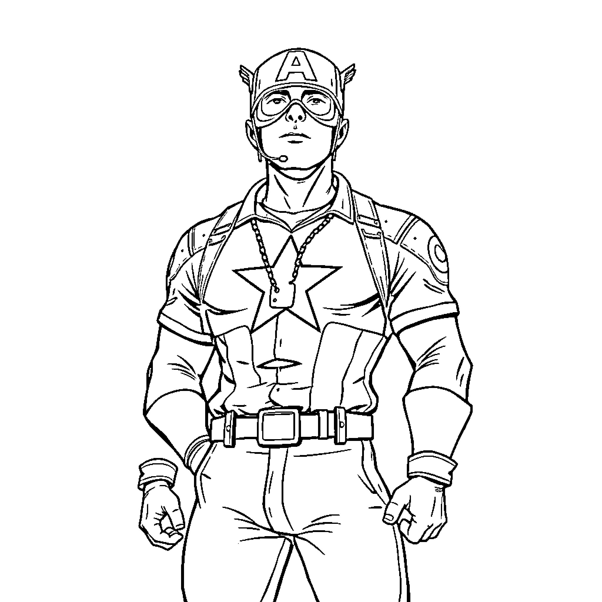 Captain America heroically standing in uniform Coloring Page (free black-and-white line drawing printable PDF for all, from beginners to advanced learners, including children, teens, adults, and seniors)