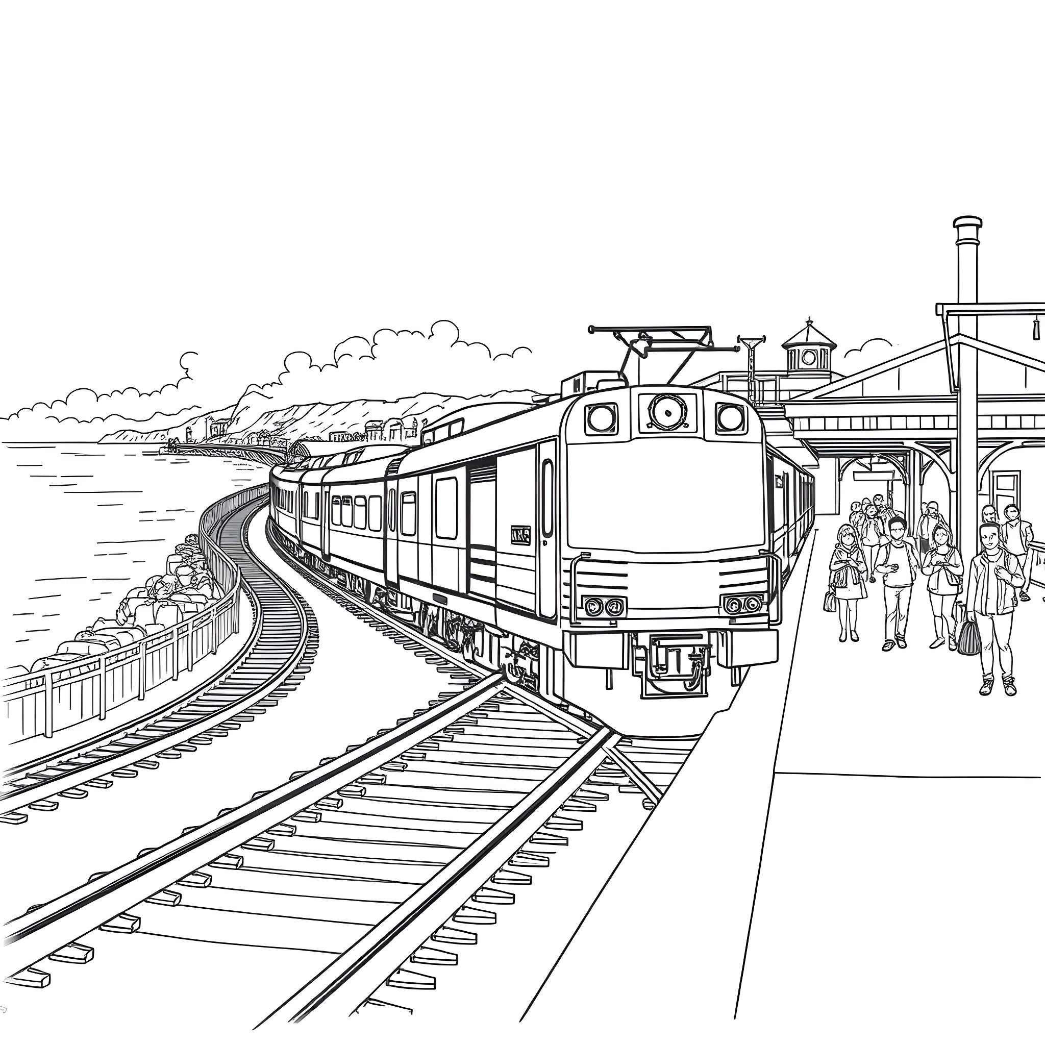 Railroad Train Arriving at the Station Coloring Page (free black-and-white line drawing printable PDF for all, from beginners to advanced learners, including children, teens, adults, and seniors)