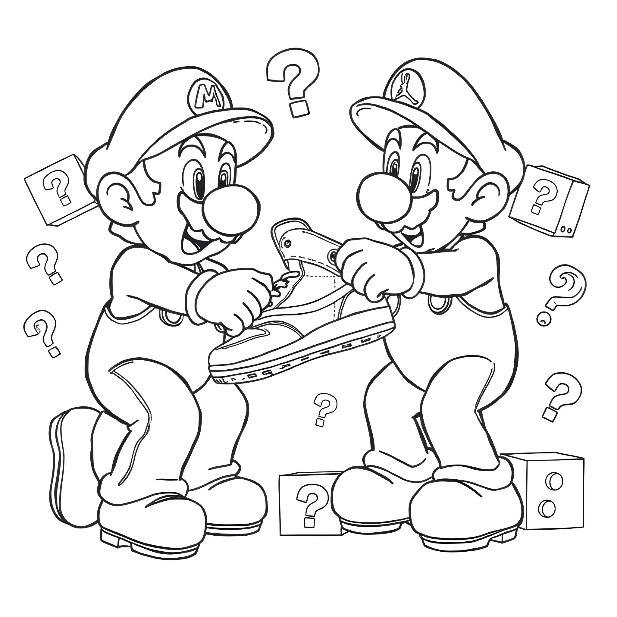 Mario and Luigi Puzzled and Questioning Coloring Page (free black-and-white line drawing printable PDF for all, from beginners to advanced learners, including children, teens, adults, and seniors)