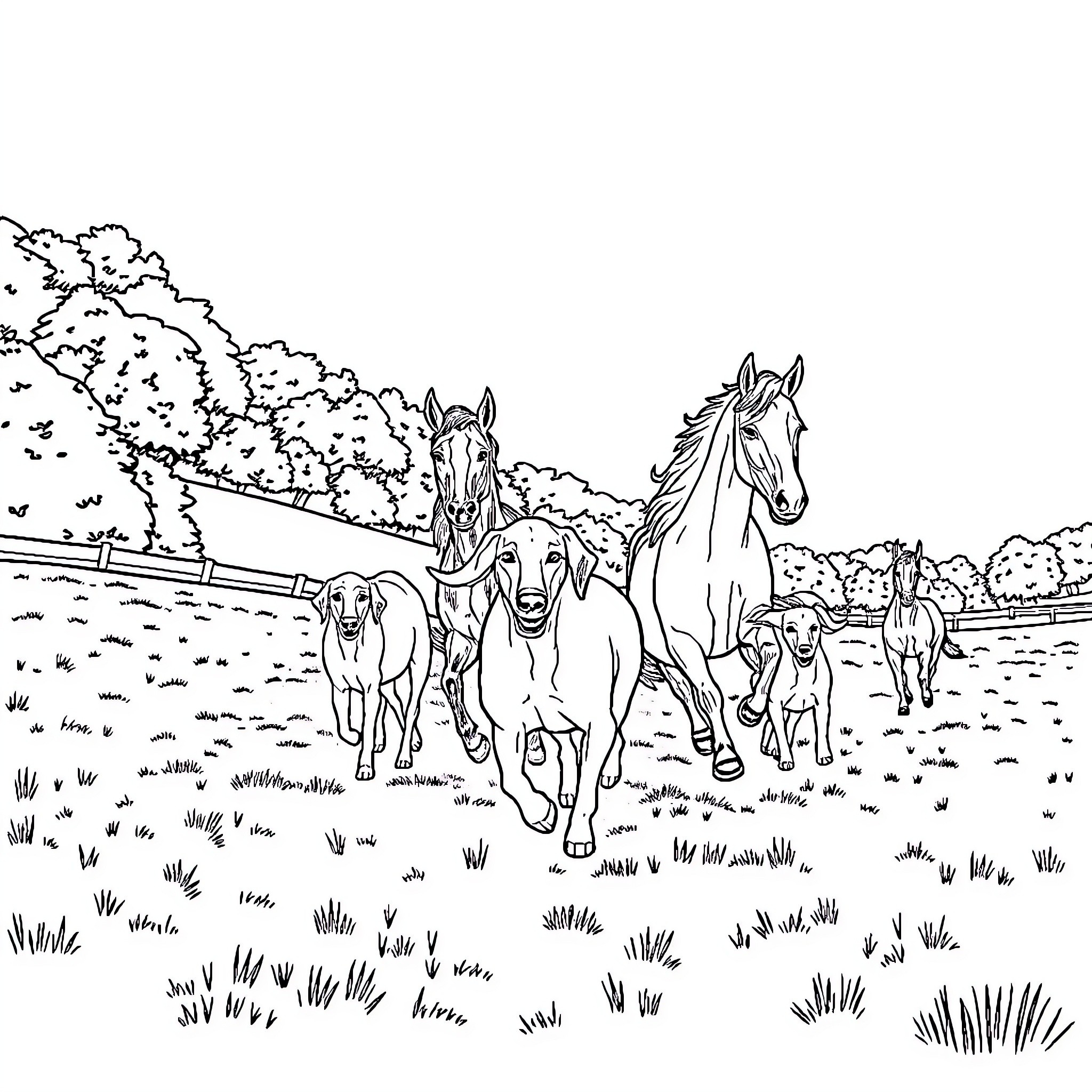 Dog Running with Horses in the Countryside Coloring Page (free black-and-white line drawing printable PDF for all, from beginners to advanced learners, including children, teens, adults, and seniors)