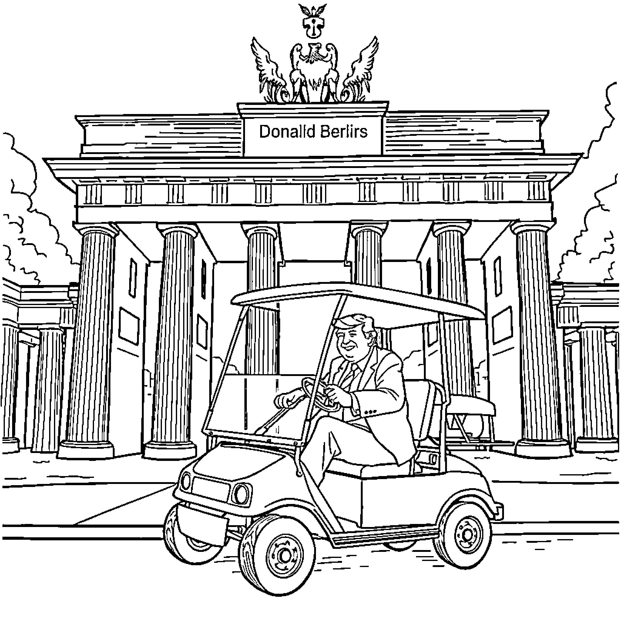 Donald Trump Riding Golf Cart in Front of Brandenburg Gate Coloring Page (free black-and-white line drawing printable PDF for all, from beginners to advanced learners, including children, teens, adults, and seniors)