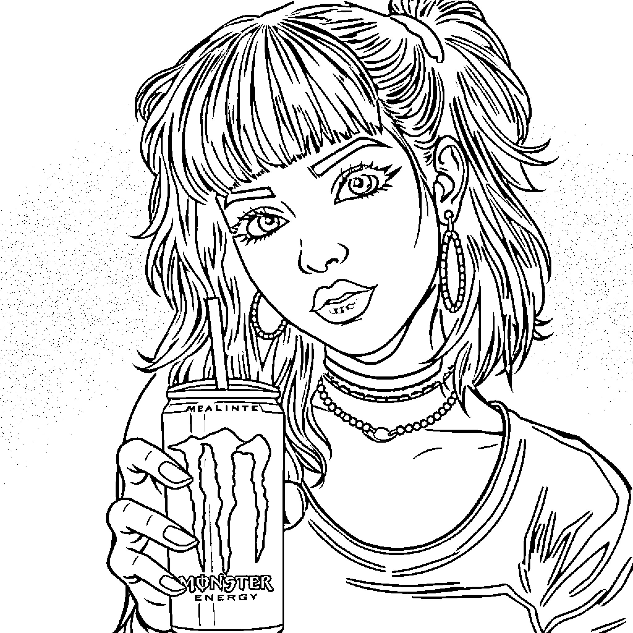Melanie Martinez in pensive pose with Monster energy drink Coloring Page (free black-and-white line drawing printable PDF for all, from beginners to advanced learners, including children, teens, adults, and seniors)