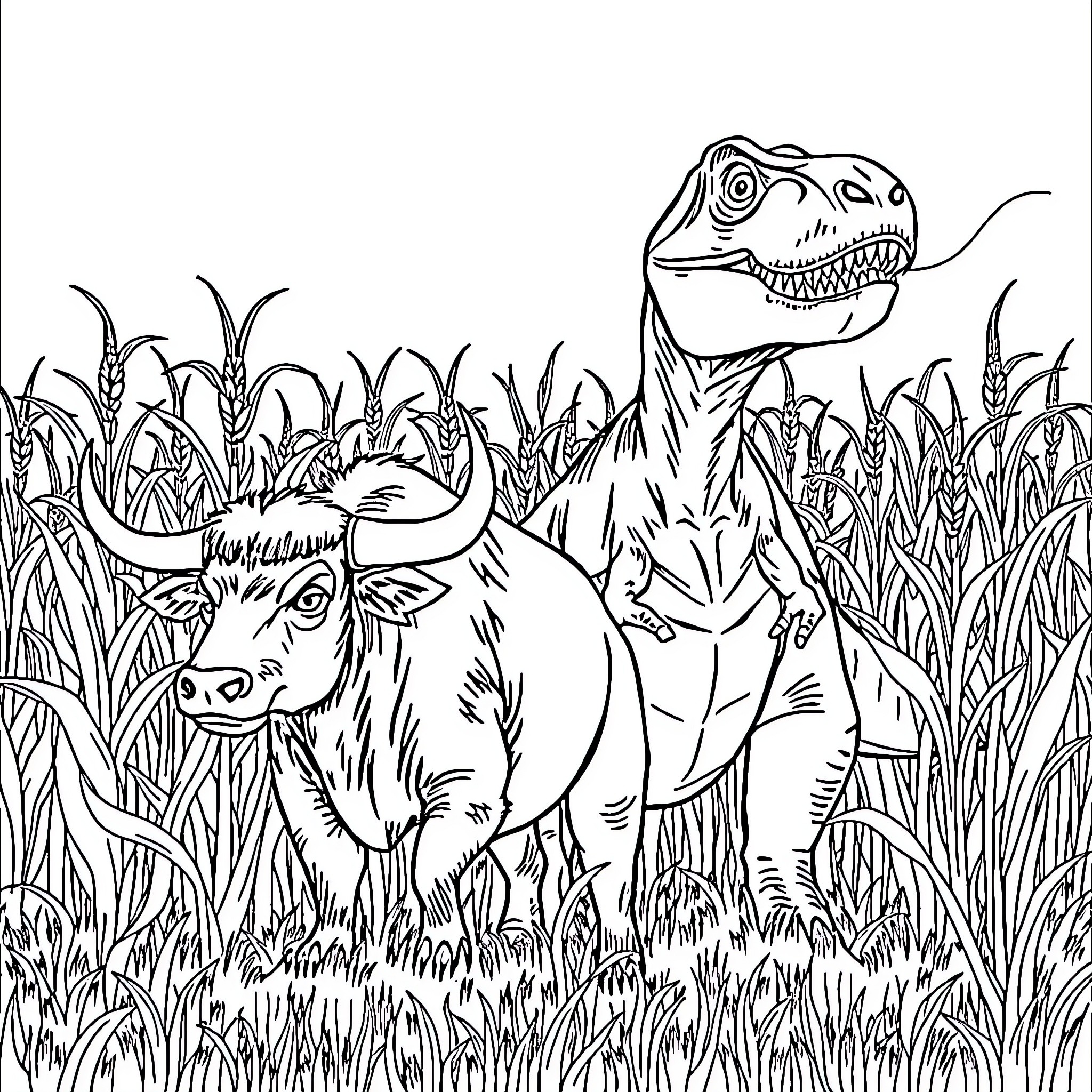 Bull and Dinosaur Encounter in Grassland Coloring Page (free black-and-white line drawing printable PDF for all, from beginners to advanced learners, including children, teens, adults, and seniors)