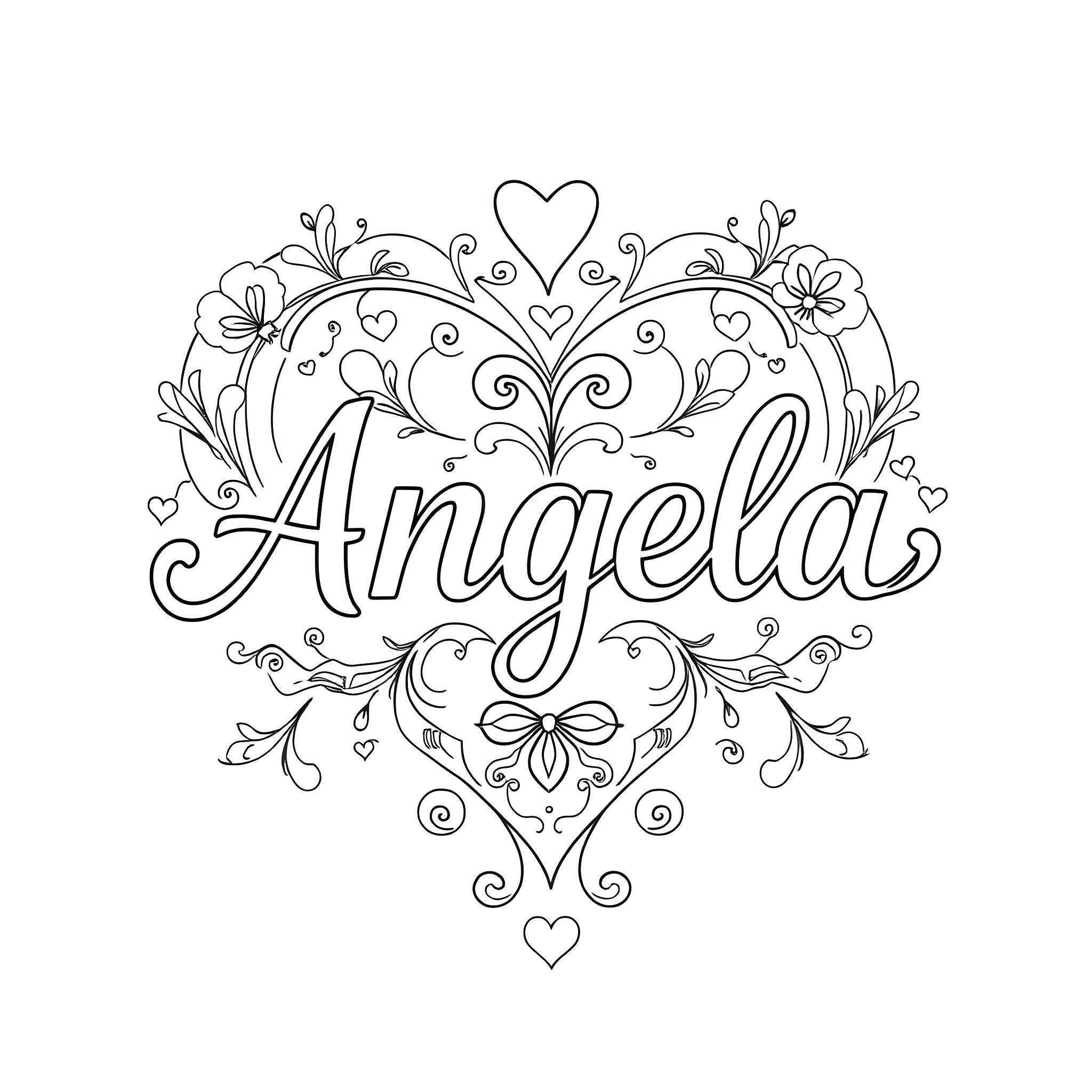 Angela with floral and heart designs Coloring Page (free black-and-white line drawing printable PDF for all, from beginners to advanced learners, including children, teens, adults, and seniors)