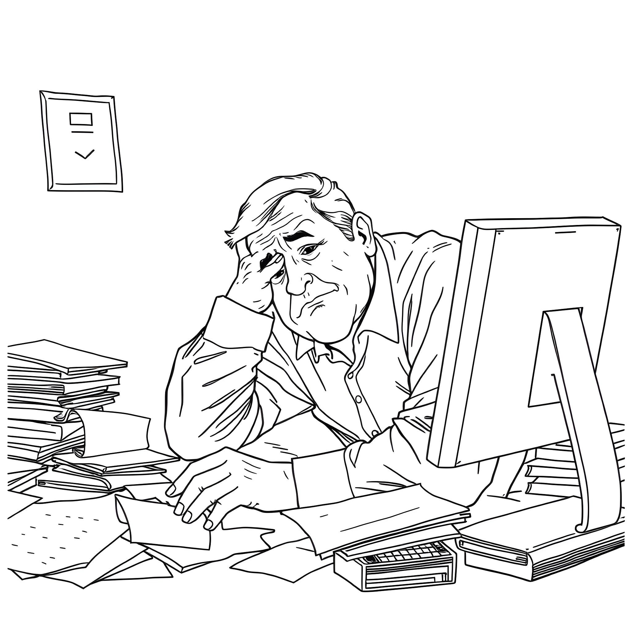 Man working diligently at cluttered office desk Coloring Page (free black-and-white line drawing printable PDF for all, from beginners to advanced learners, including children, teens, adults, and seniors)
