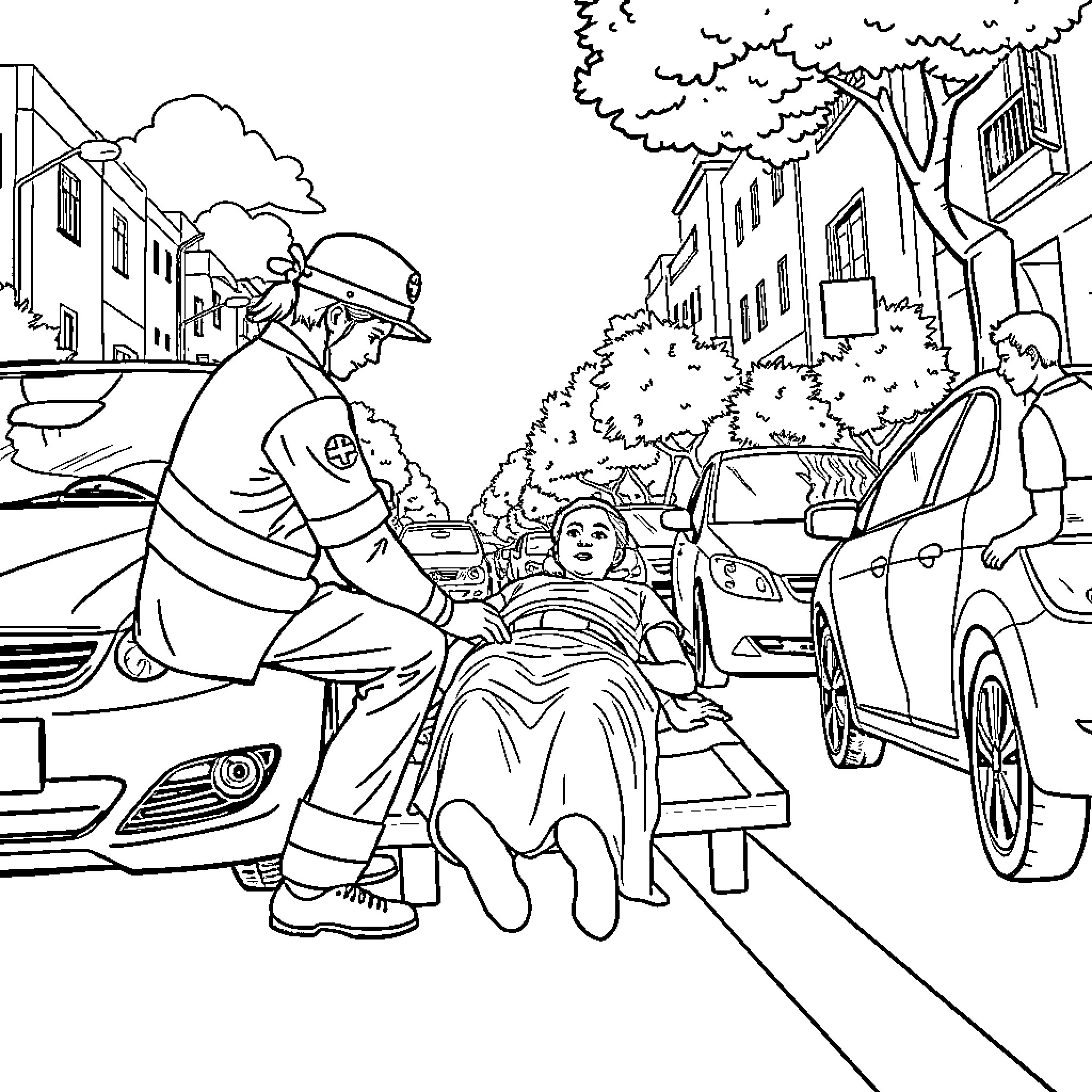 Nurse Assisting Patient on City Street Coloring Page (free black-and-white line drawing printable PDF for all, from beginners to advanced learners, including children, teens, adults, and seniors)