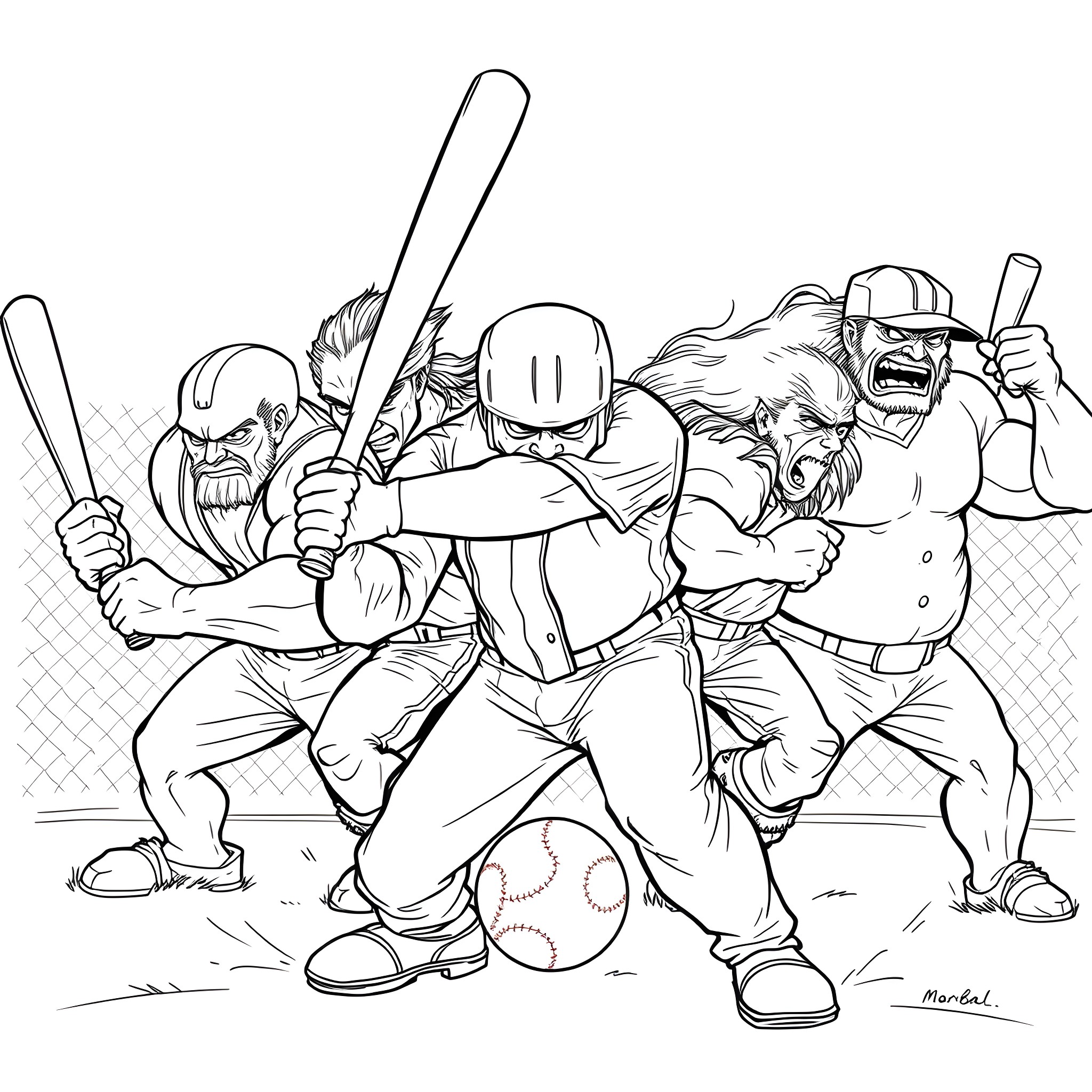 Woman in intense baseball game with teammates Coloring Page (free black-and-white line drawing printable PDF for all, from beginners to advanced learners, including children, teens, adults, and seniors)