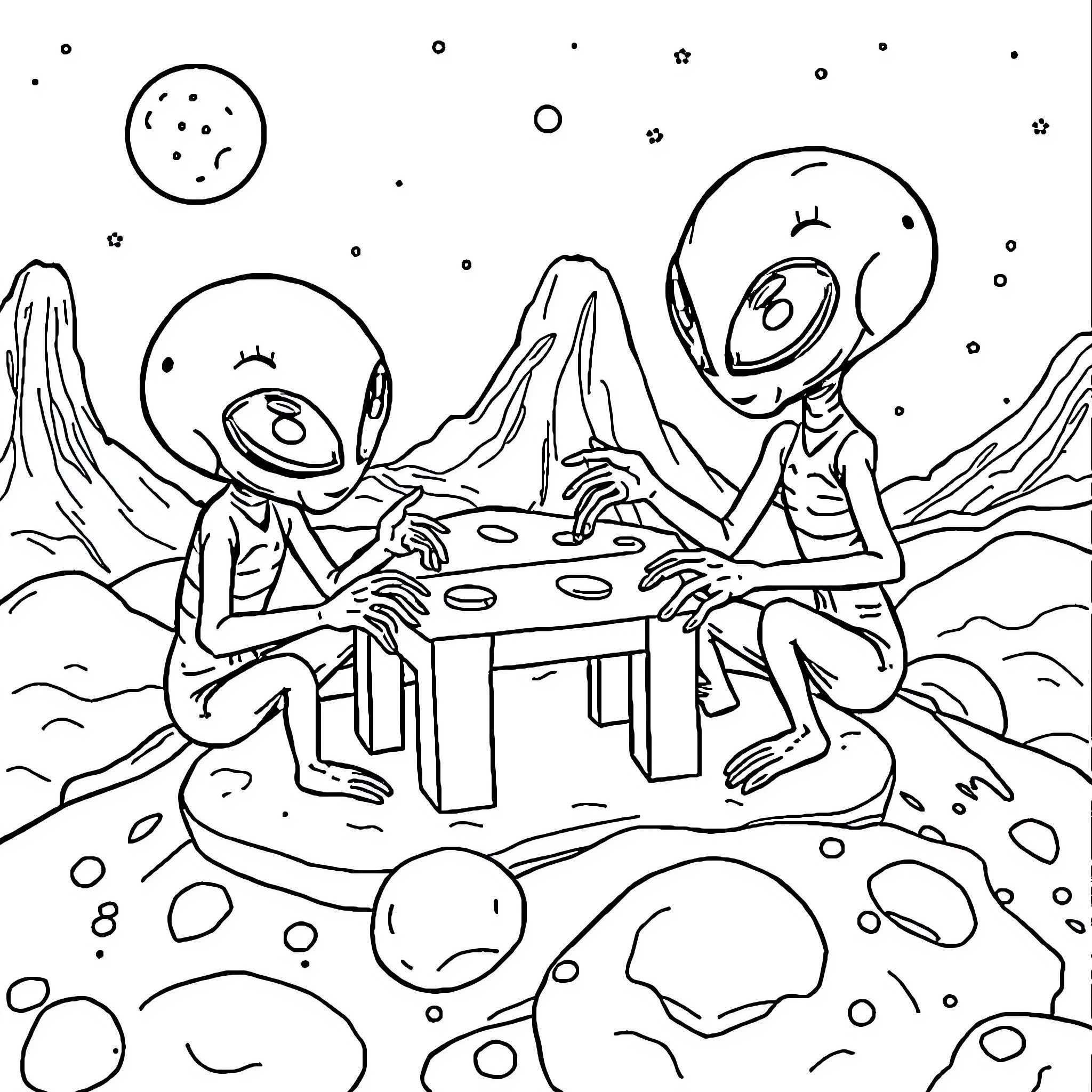 Alien Beings Enjoying a Celestial Picnic Coloring Page (free black-and-white line drawing printable PDF for all, from beginners to advanced learners, including children, teens, adults, and seniors)