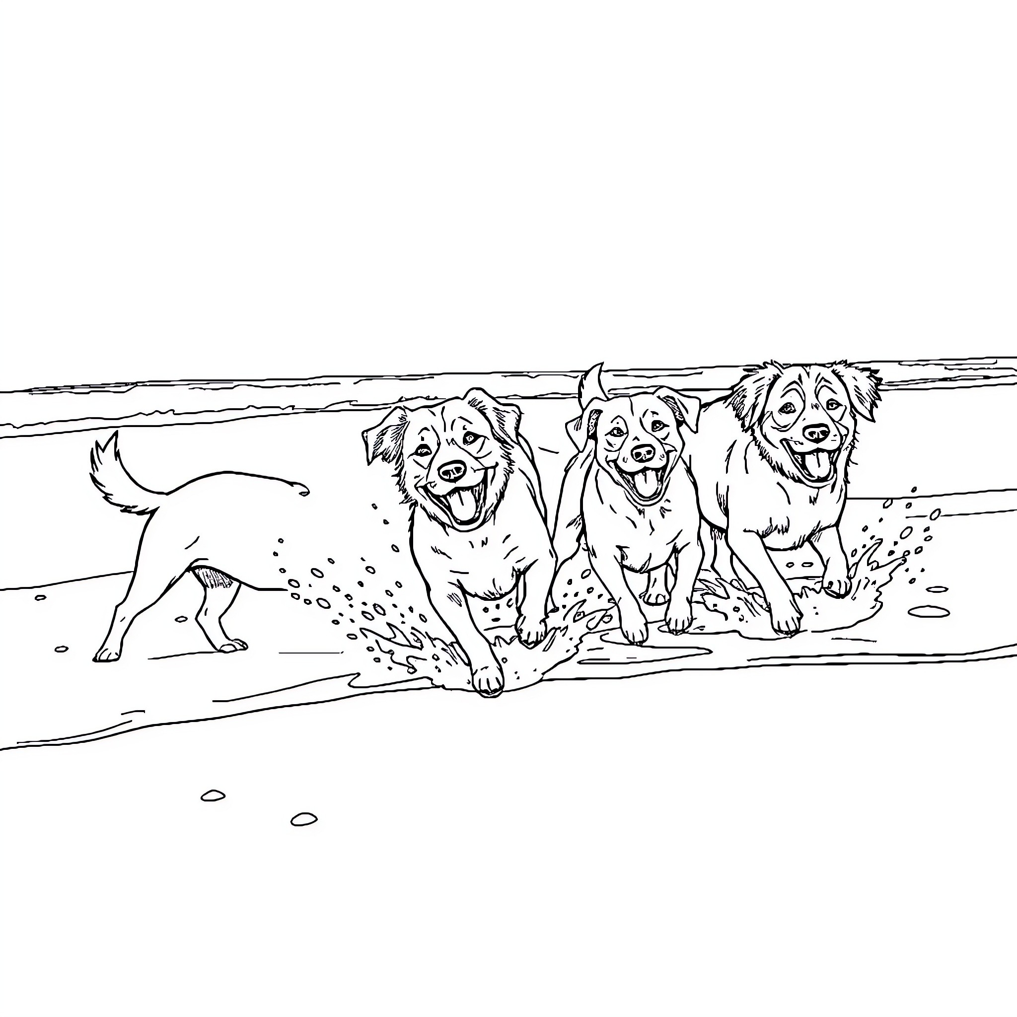 Dogs Running Joyfully on the Beach Coloring Page (free black-and-white line drawing printable PDF for all, from beginners to advanced learners, including children, teens, adults, and seniors)