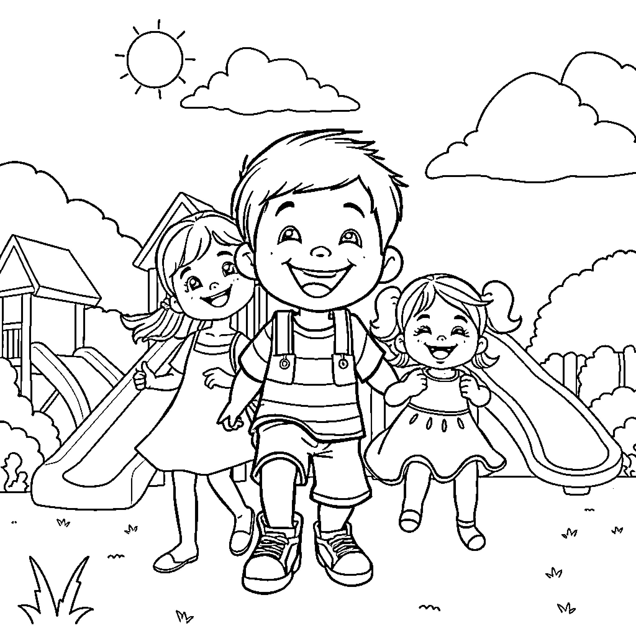 Boy and girls playing happily on the playground Coloring Page (free black-and-white line drawing printable PDF for all, from beginners to advanced learners, including children, teens, adults, and seniors)