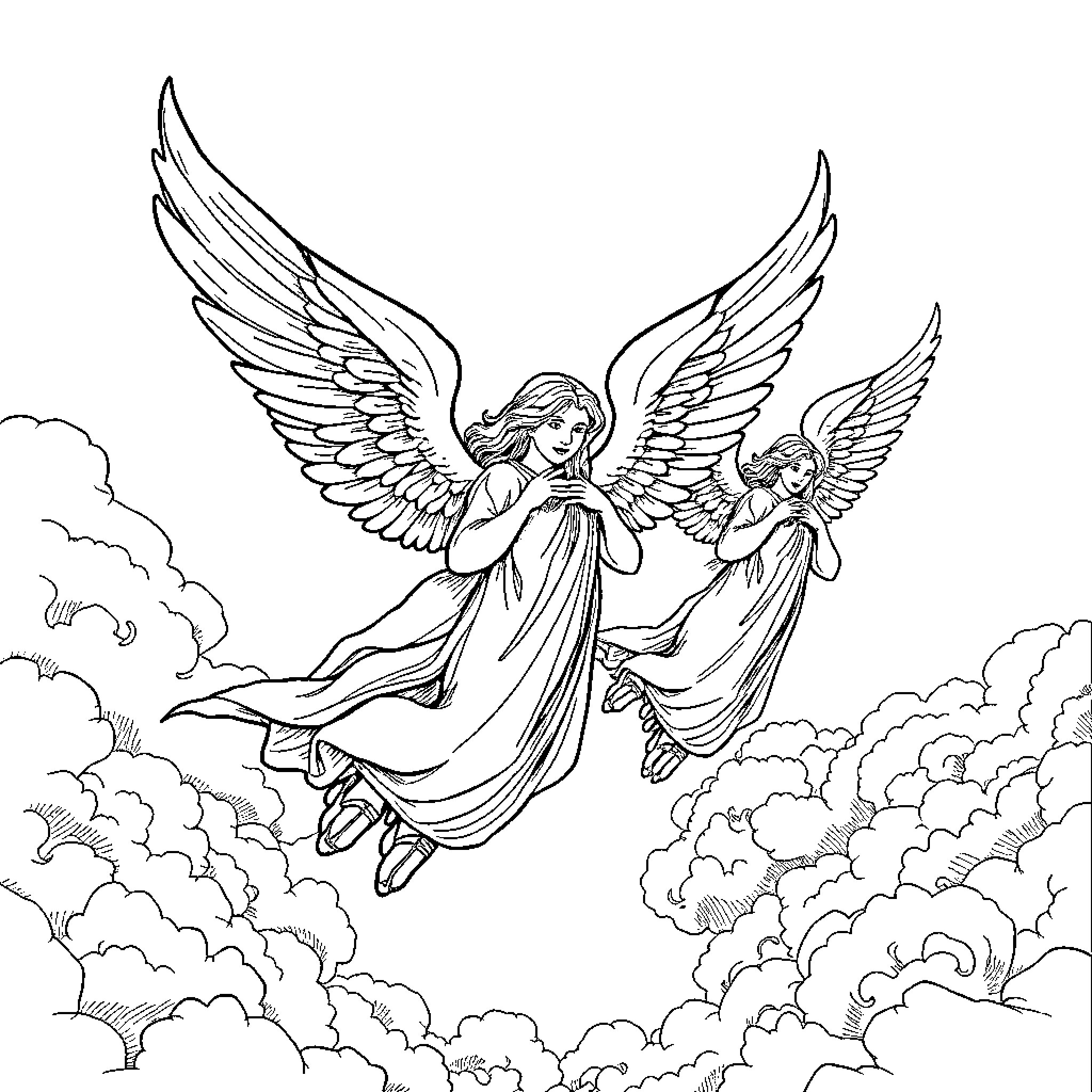 Angel figures soaring among the clouds Coloring Page (free black-and-white line drawing printable PDF for all, from beginners to advanced learners, including children, teens, adults, and seniors)