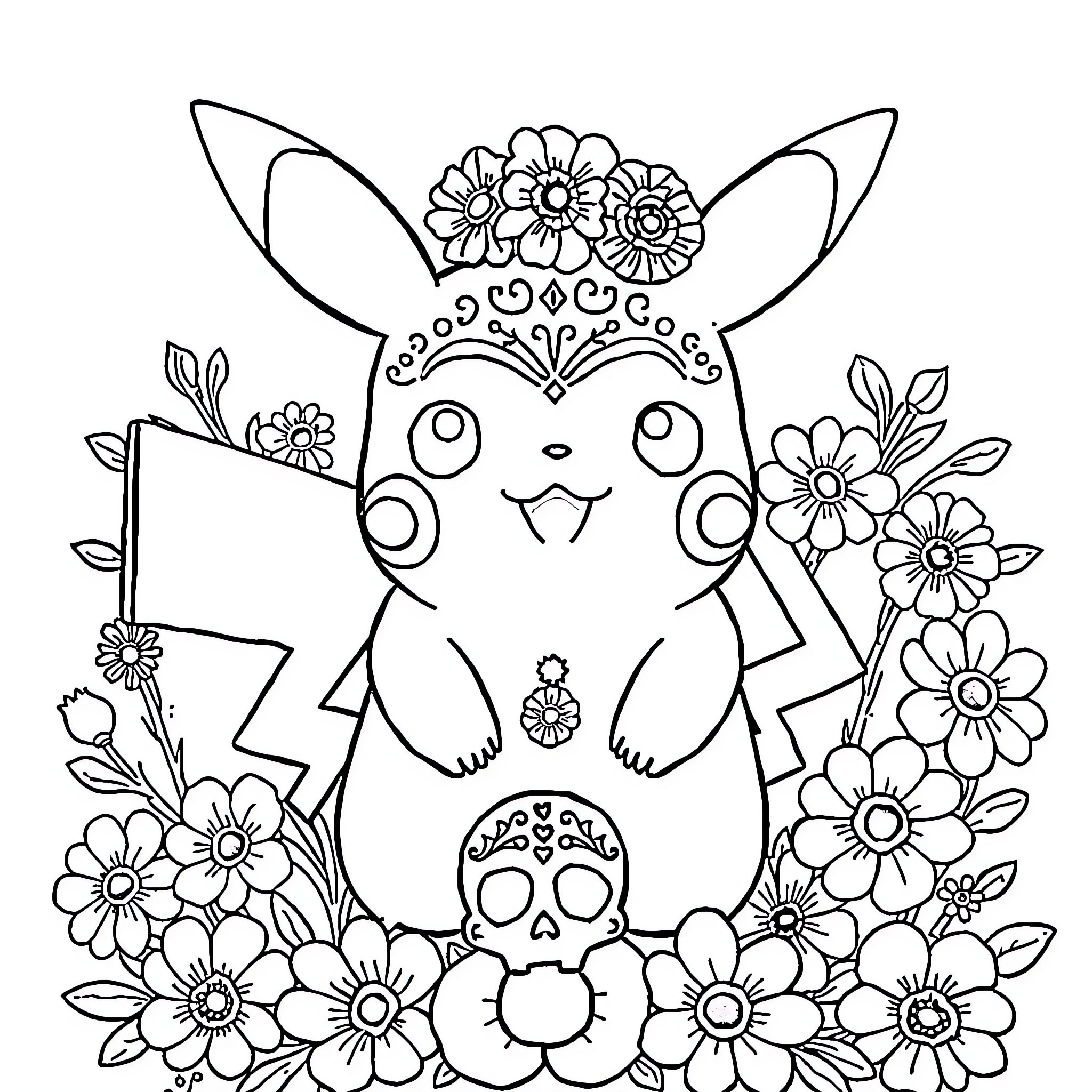 Pikachu surrounded by whimsical flowers Coloring Page (free black-and-white line drawing printable PDF for all, from beginners to advanced learners, including children, teens, adults, and seniors)