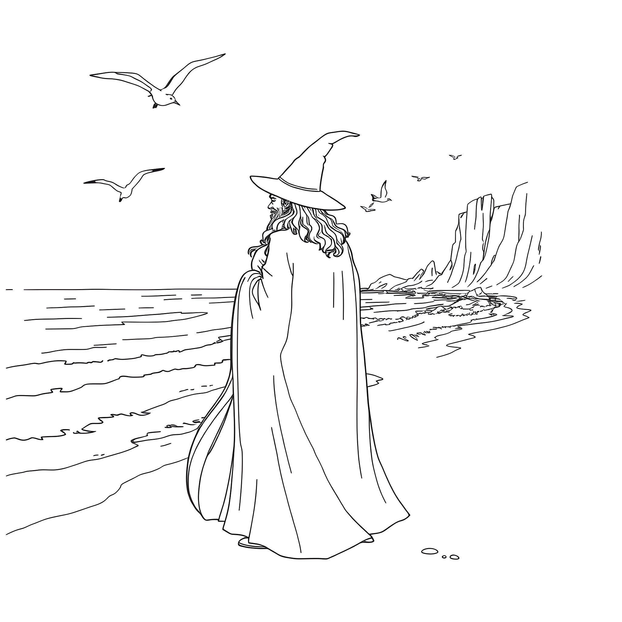 Gandolf gazes out over the misty seascape Coloring Page (free black-and-white line drawing printable PDF for all, from beginners to advanced learners, including children, teens, adults, and seniors)