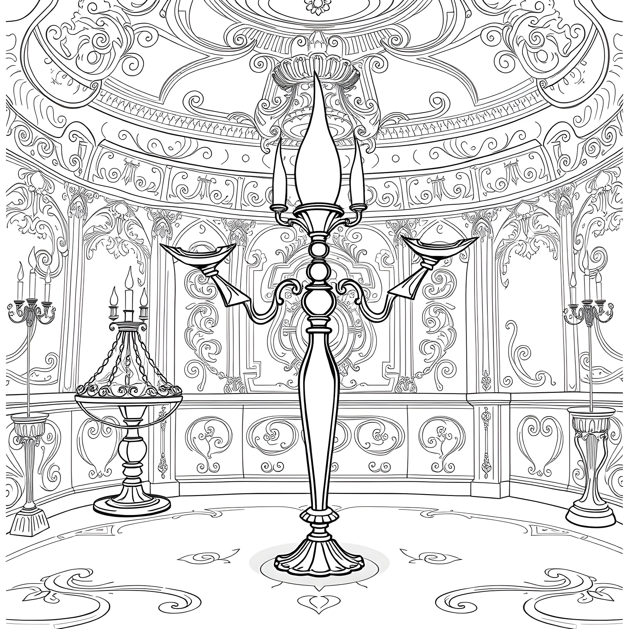 Lumiere's Enchanted Ballroom Coloring Page (free black-and-white line drawing printable PDF for all, from beginners to advanced learners, including children, teens, adults, and seniors)