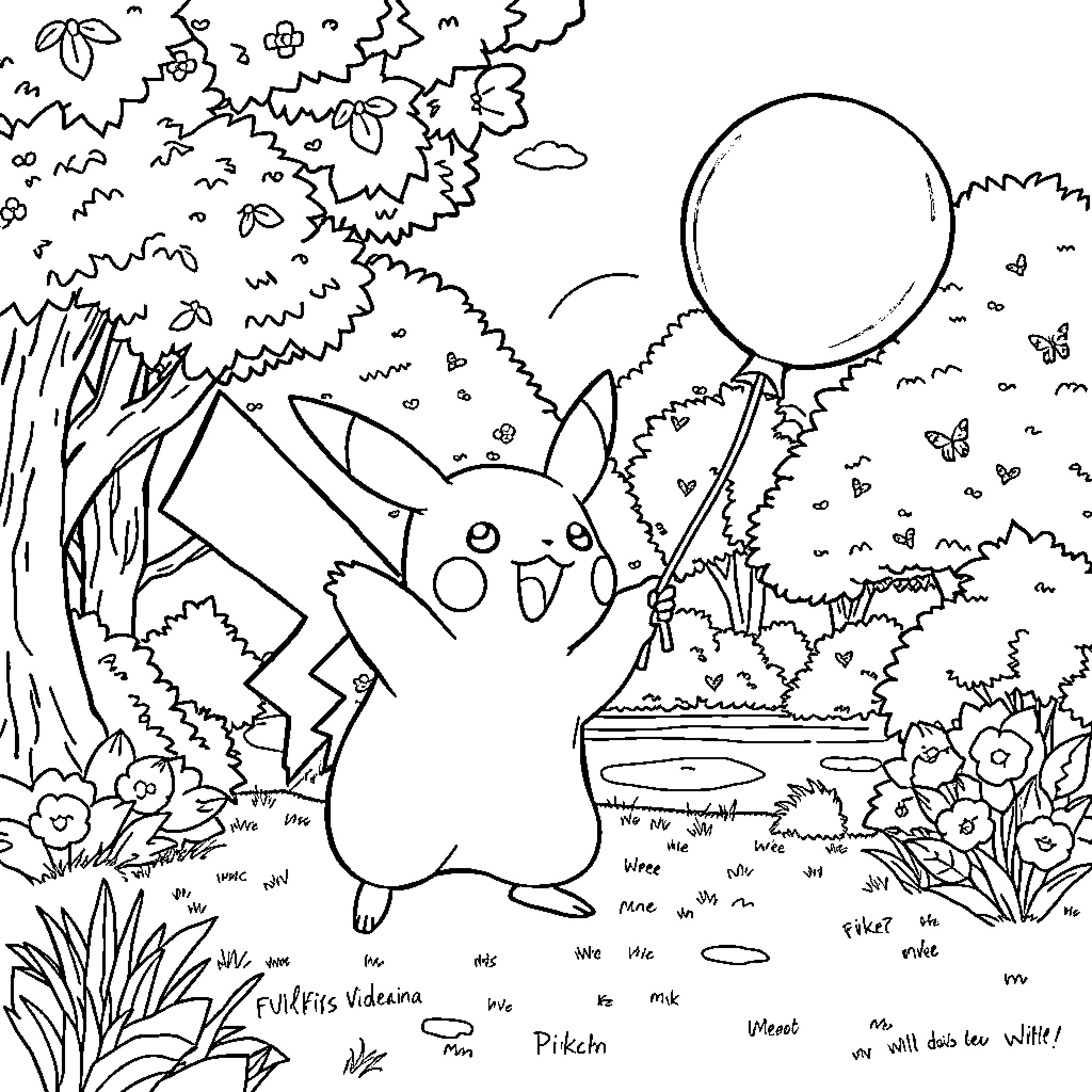Pikachu playing with balloons in a whimsical forest Coloring Page (free black-and-white line drawing printable PDF for all, from beginners to advanced learners, including children, teens, adults, and seniors)