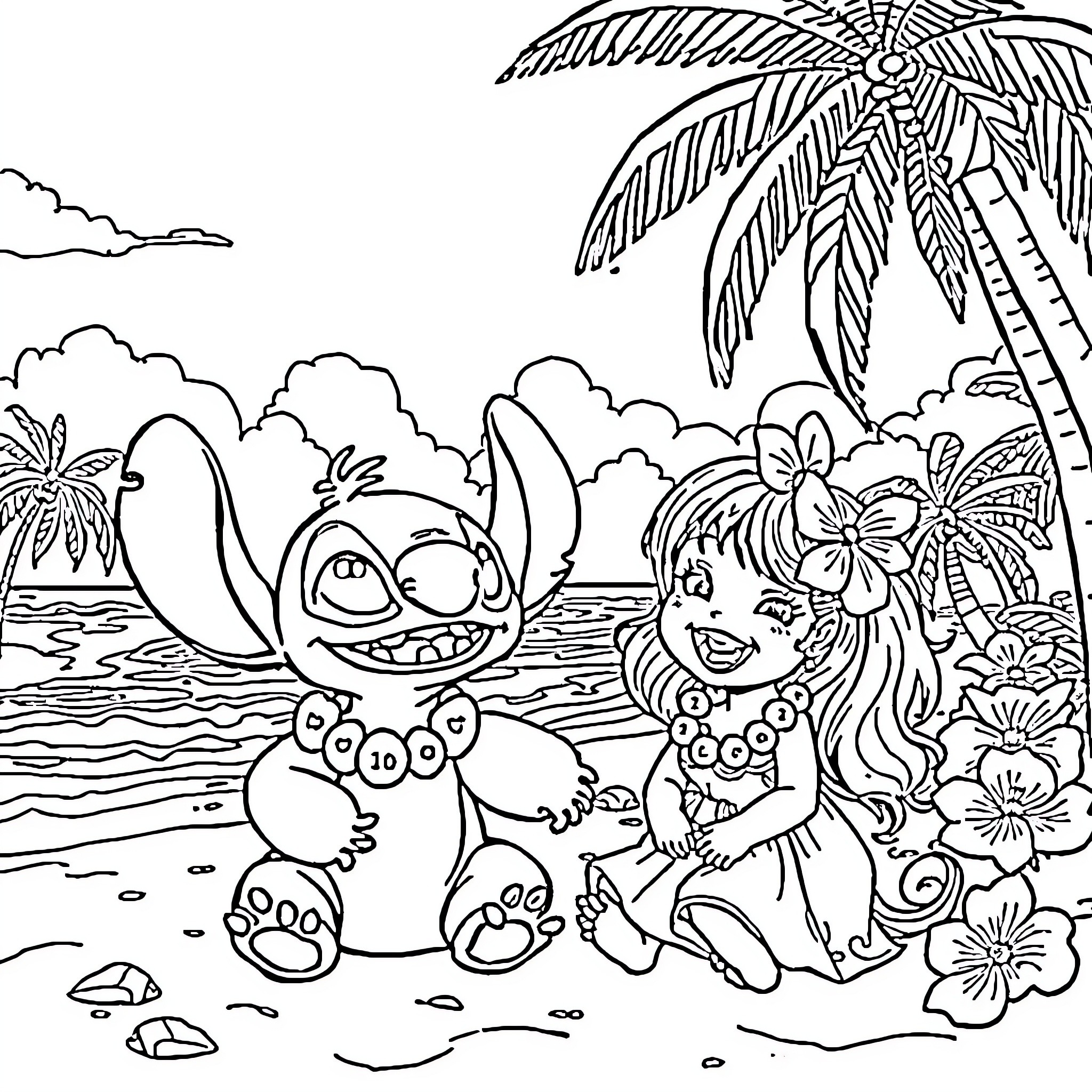 Unicorn Stitch and Friend Explore Tropical Paradise Coloring Page (free black-and-white line drawing printable PDF for all, from beginners to advanced learners, including children, teens, adults, and seniors)