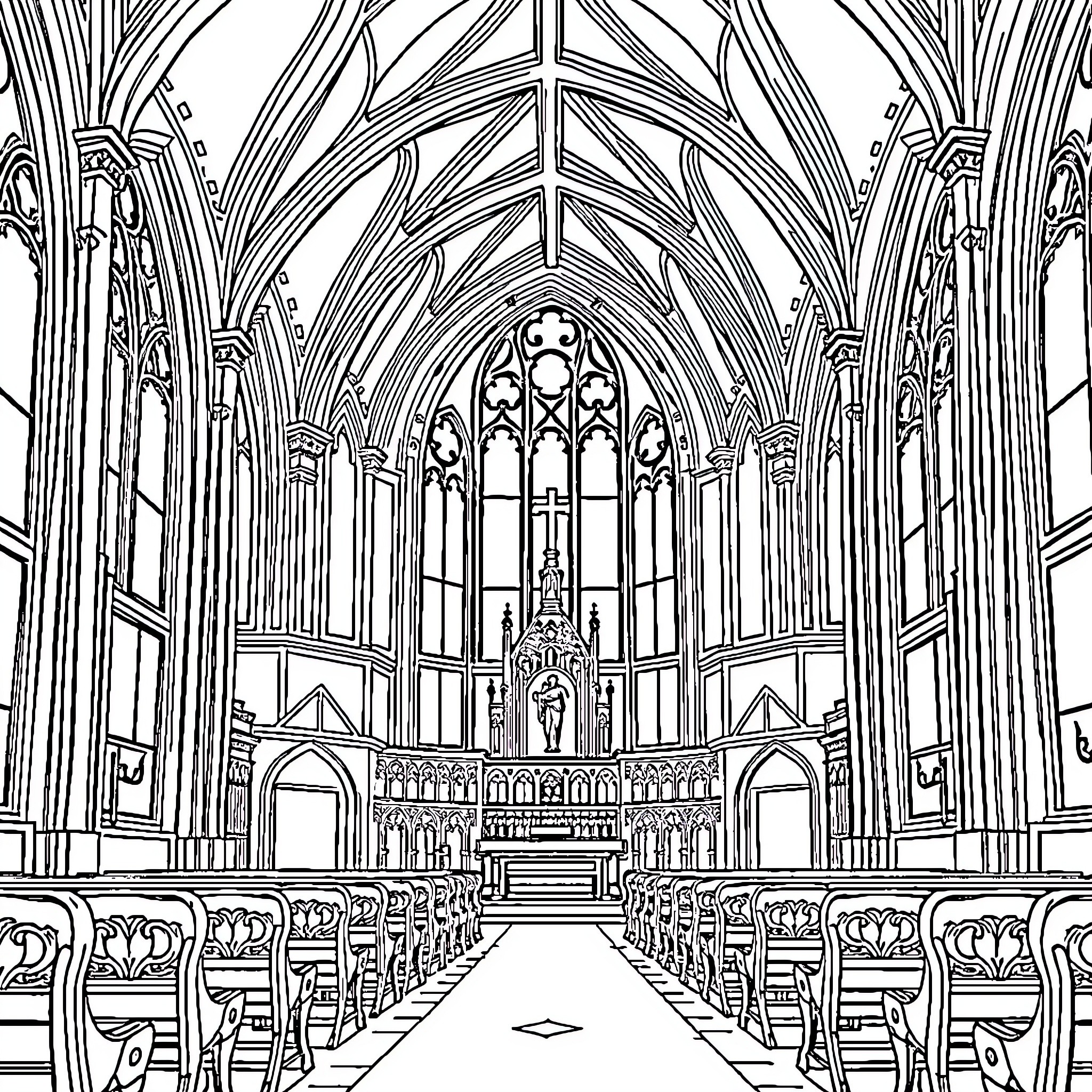 Church interior with ornate Gothic architecture Coloring Page (free black-and-white line drawing printable PDF for all, from beginners to advanced learners, including children, teens, adults, and seniors)
