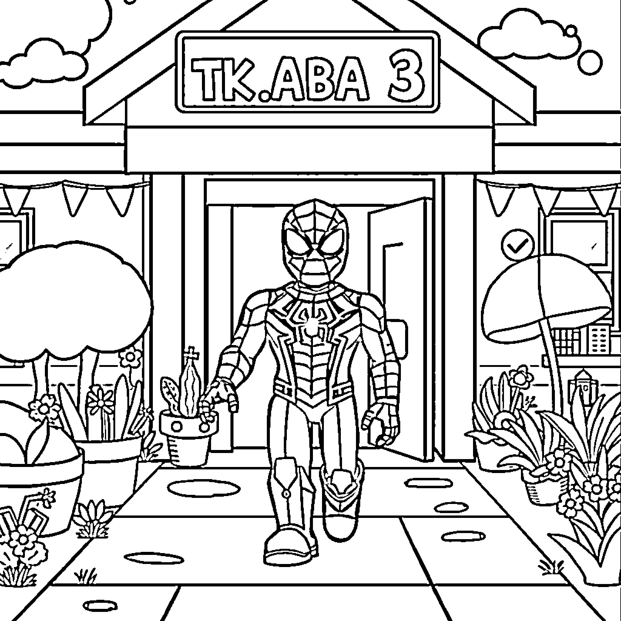 Spiderman visits the Tkaba 3 shop Coloring Page (free black-and-white line drawing printable PDF for all, from beginners to advanced learners, including children, teens, adults, and seniors)