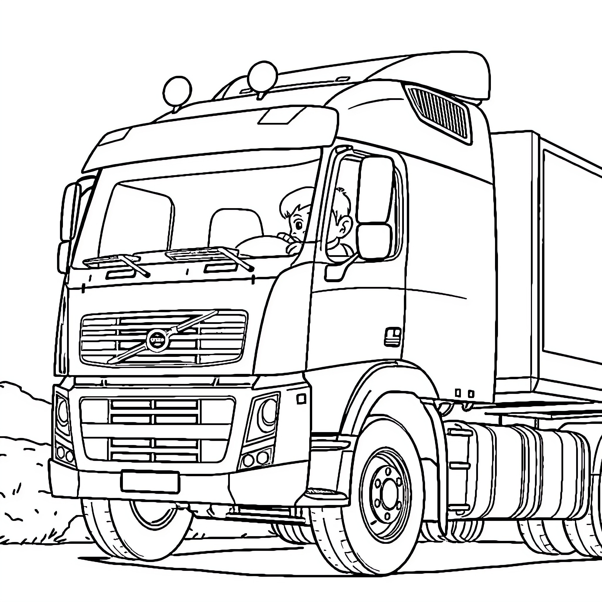 Volvo Truck transporting goods on the road Coloring Page (free black-and-white line drawing printable PDF for all, from beginners to advanced learners, including children, teens, adults, and seniors)