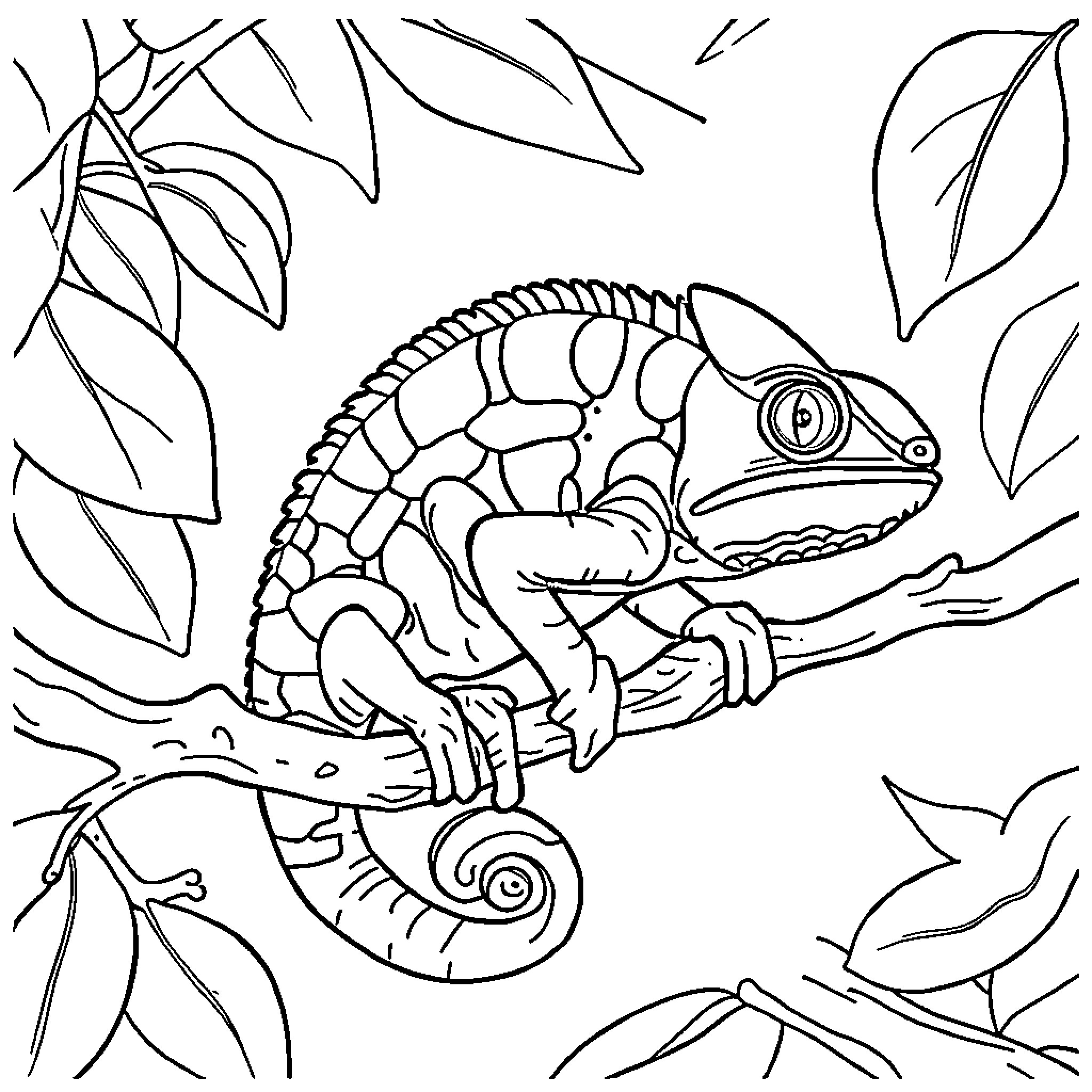 Chameleon exploring a lush, natural environment Coloring Page (free black-and-white line drawing printable PDF for all, from beginners to advanced learners, including children, teens, adults, and seniors)