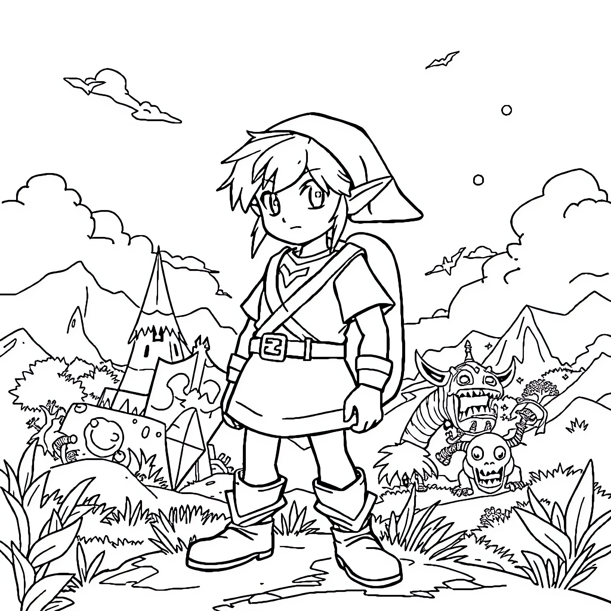 Link's Adventure in the Enchanted Forest Coloring Page (free black-and-white line drawing printable PDF for all, from beginners to advanced learners, including children, teens, adults, and seniors)