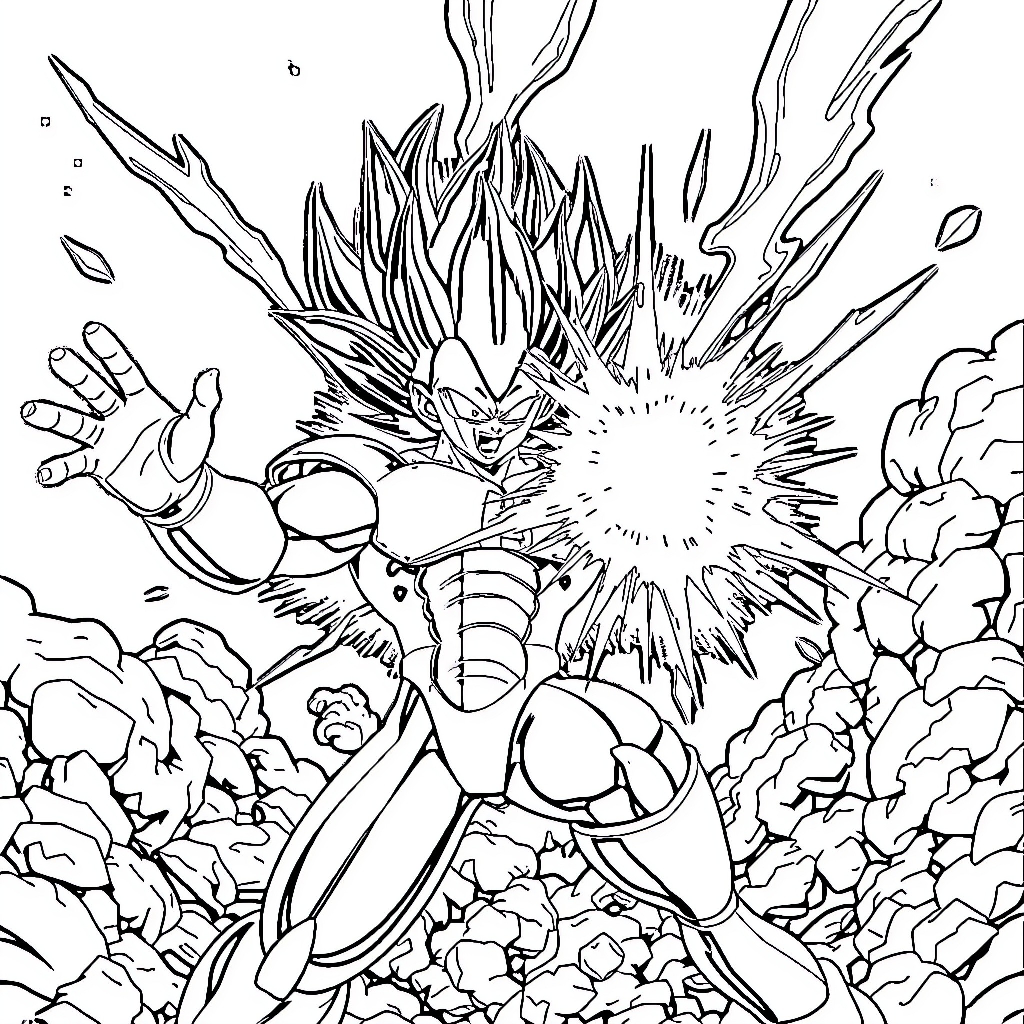 Frieza's Explosive Transformation in Action Coloring Page (free black-and-white line drawing printable PDF for all, from beginners to advanced learners, including children, teens, adults, and seniors)