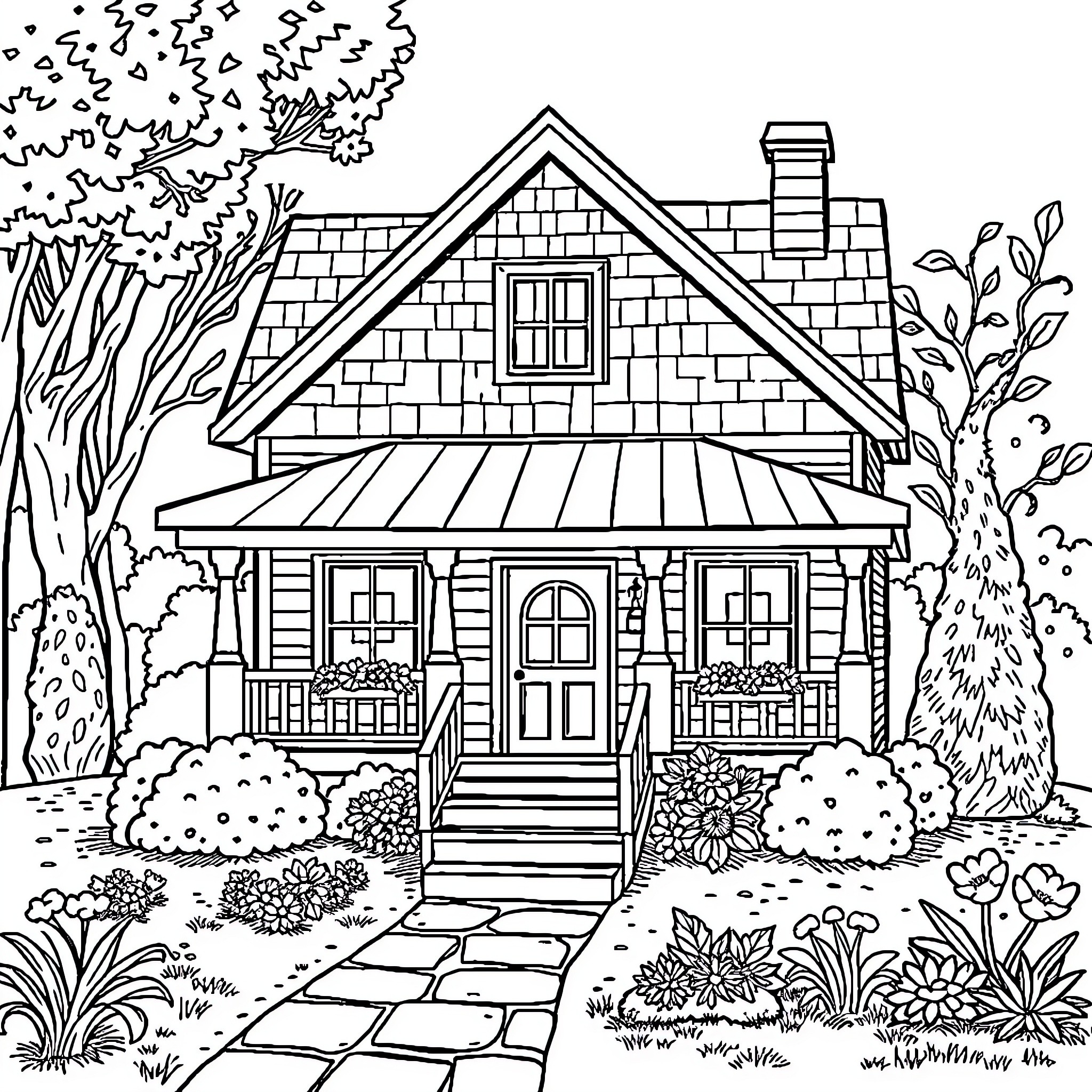 House with Floral Landscaping and Decorative Elements Coloring Page (free black-and-white line drawing printable PDF for all, from beginners to advanced learners, including children, teens, adults, and seniors)